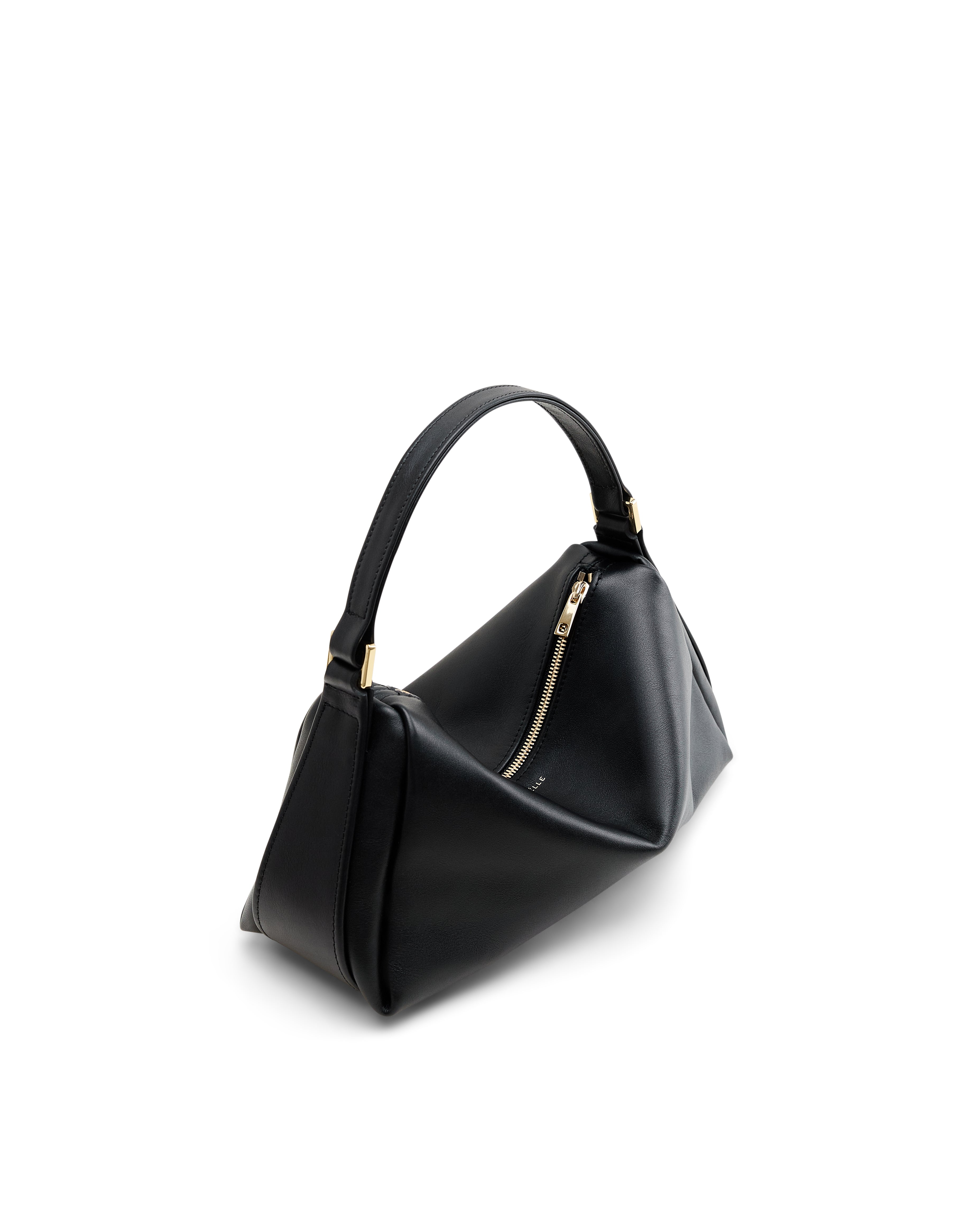 Black minimalist leather bag for women with gold zipper and single handle by Poelle Atelier