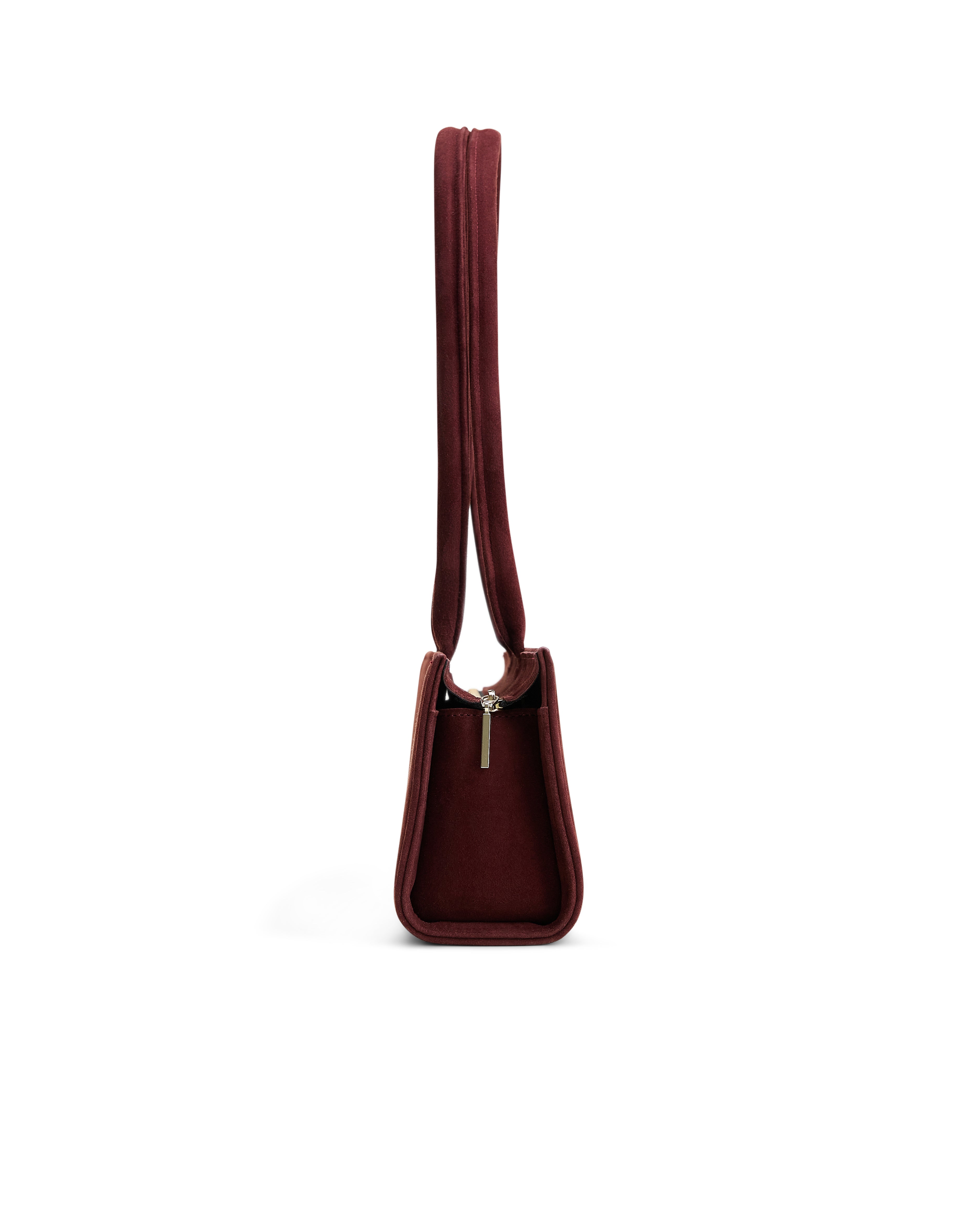 Poelle Atelier east-west horizontal bag suede leather red side view with zipper and long straps