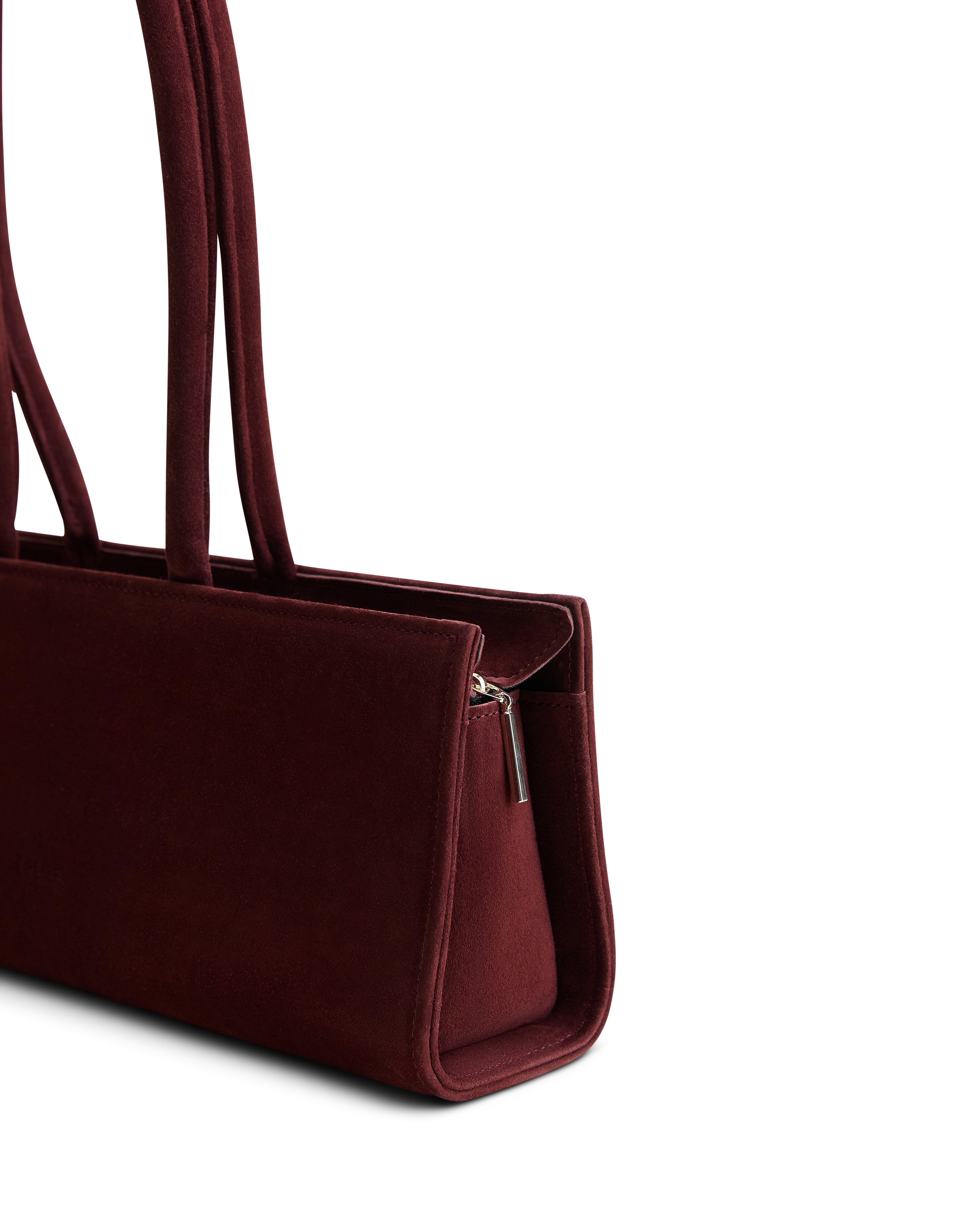 Poelle Atelier east-west horizontal bag suede leather red with double handles and zipper closure