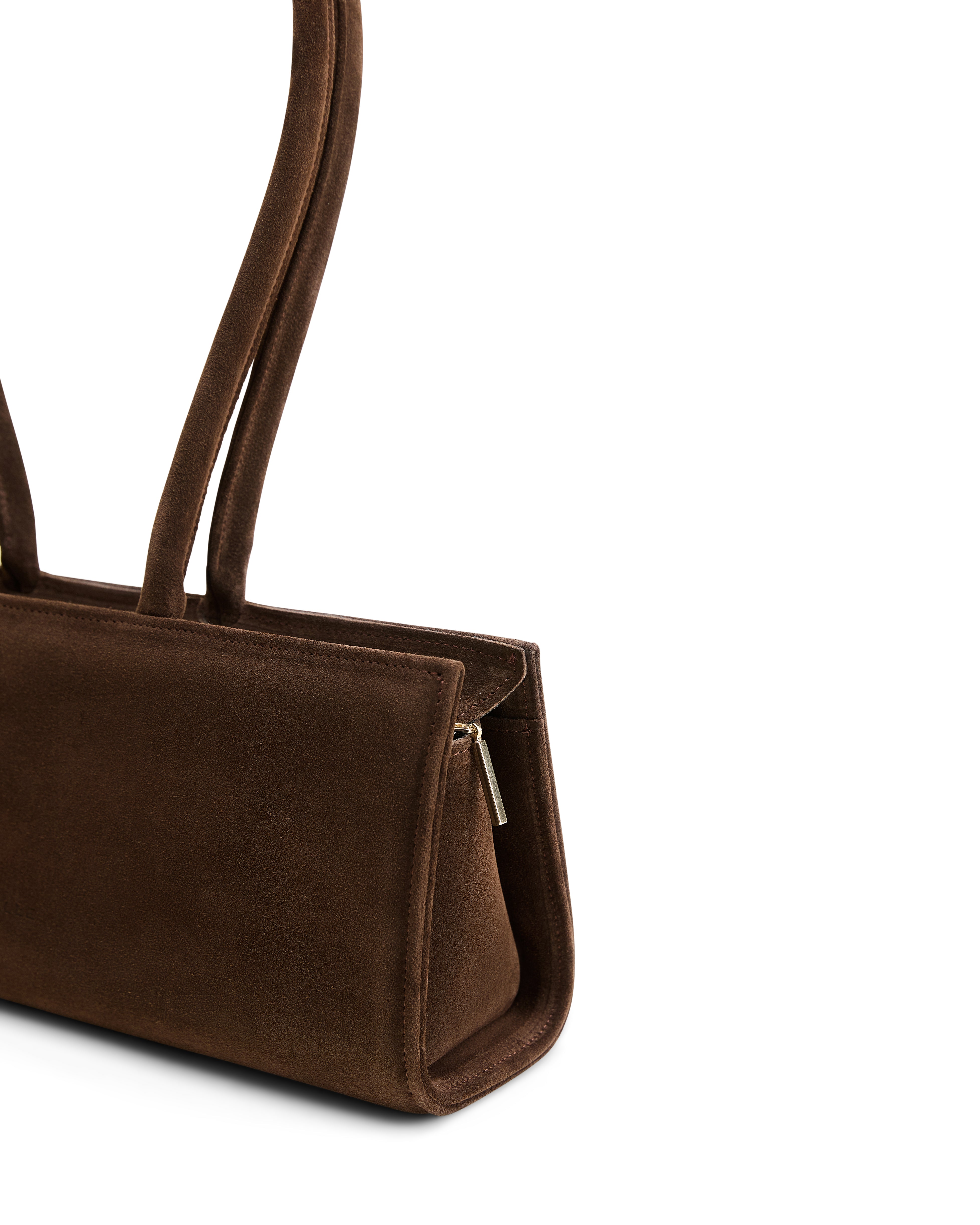 Poelle Atelier east-west vertical leather suede bag in brown with double handles and zipper closure