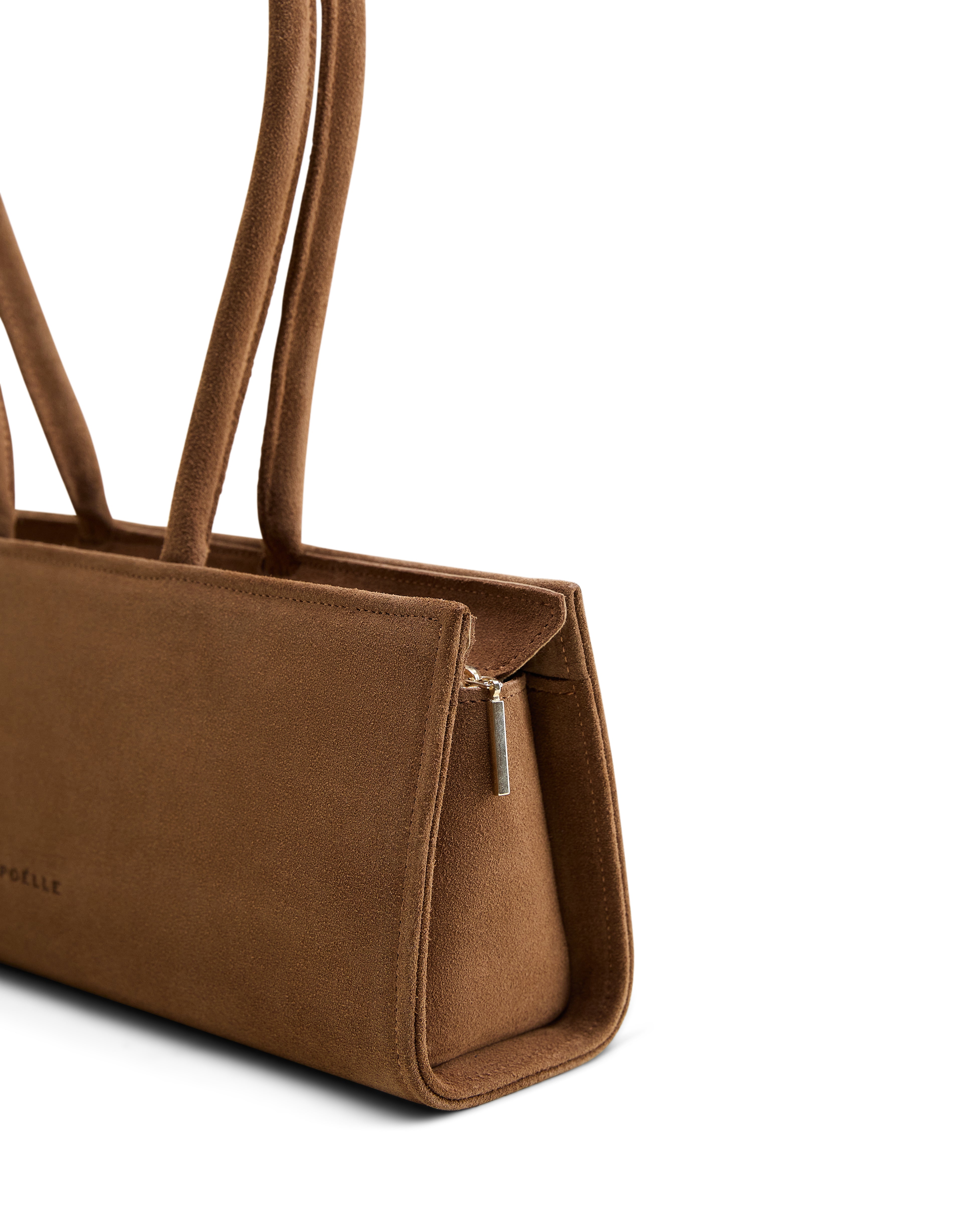 Poelle Atelier brown east-west horizontal suede bag with double handles and zipper closure
