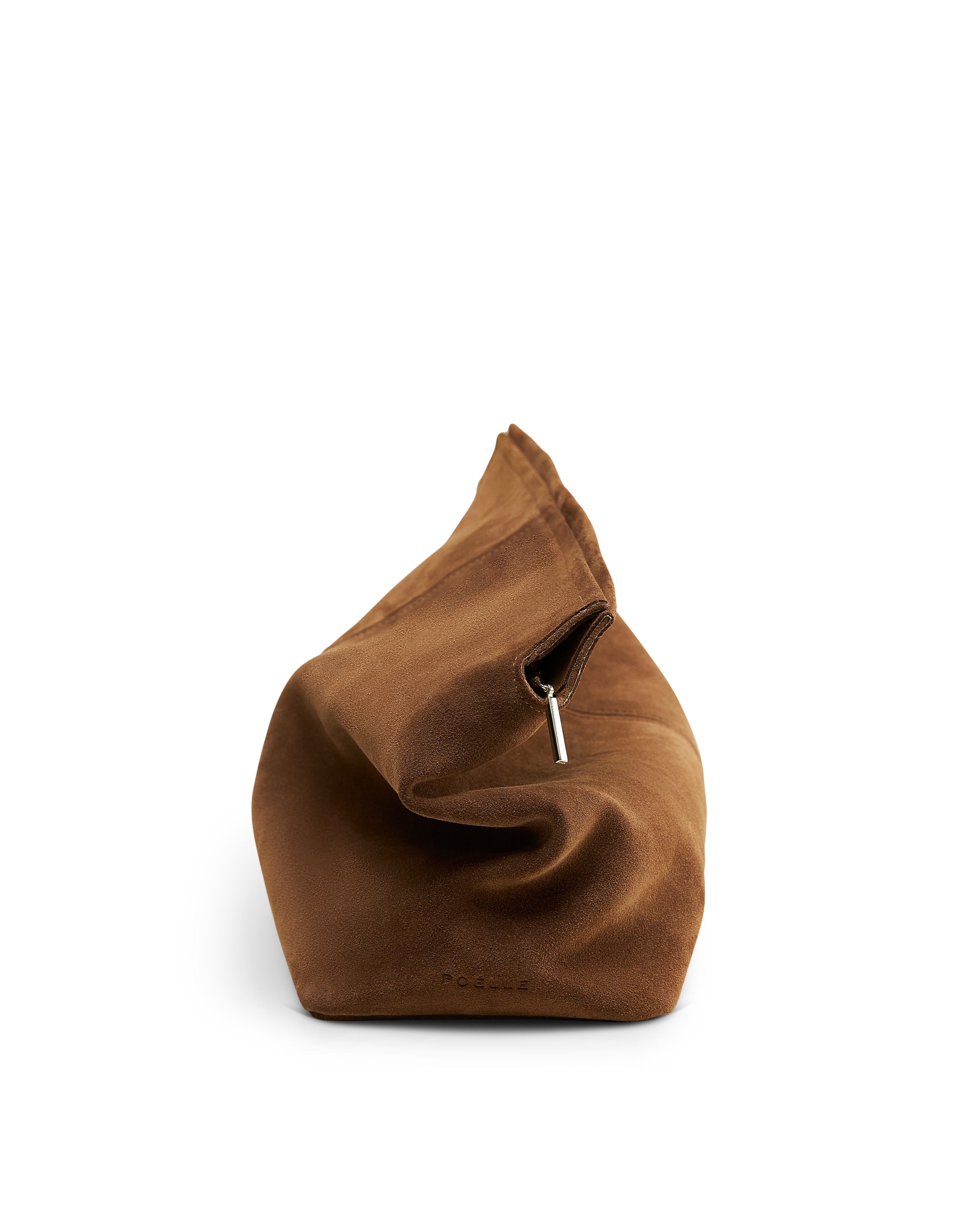 Poelle Atelier luxury suede clutch bag in rich brown with silver zipper detail and soft texture
