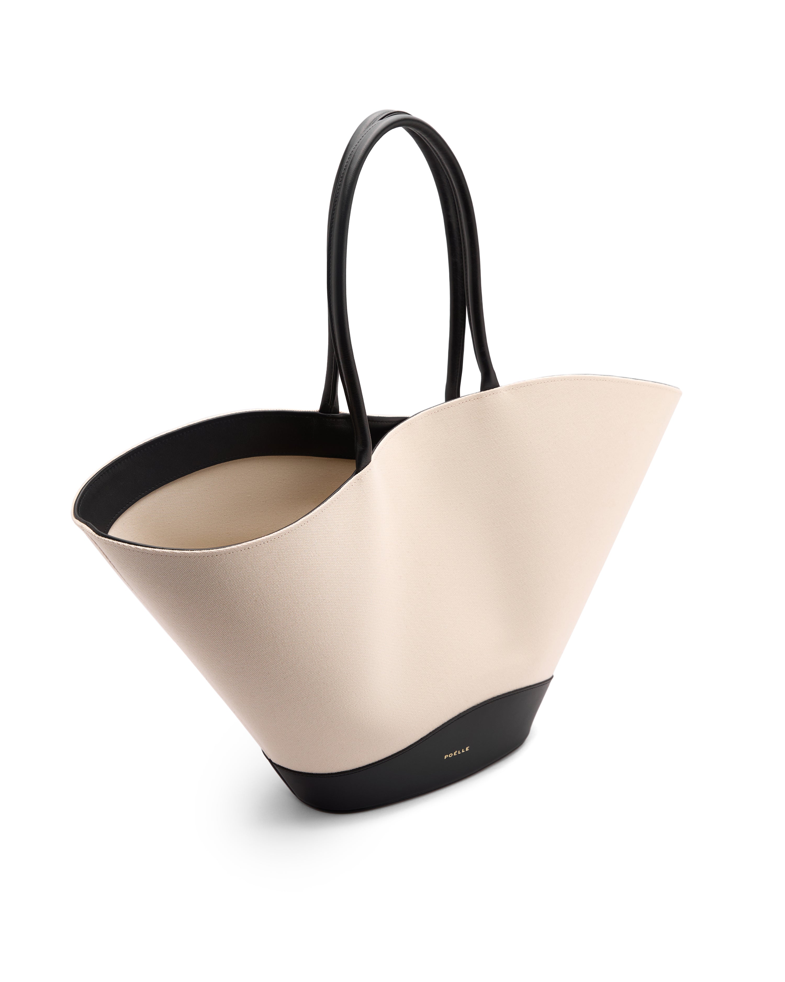 Poelle Atelier luxury summer leather bag in beige and black with long handles and spacious interior