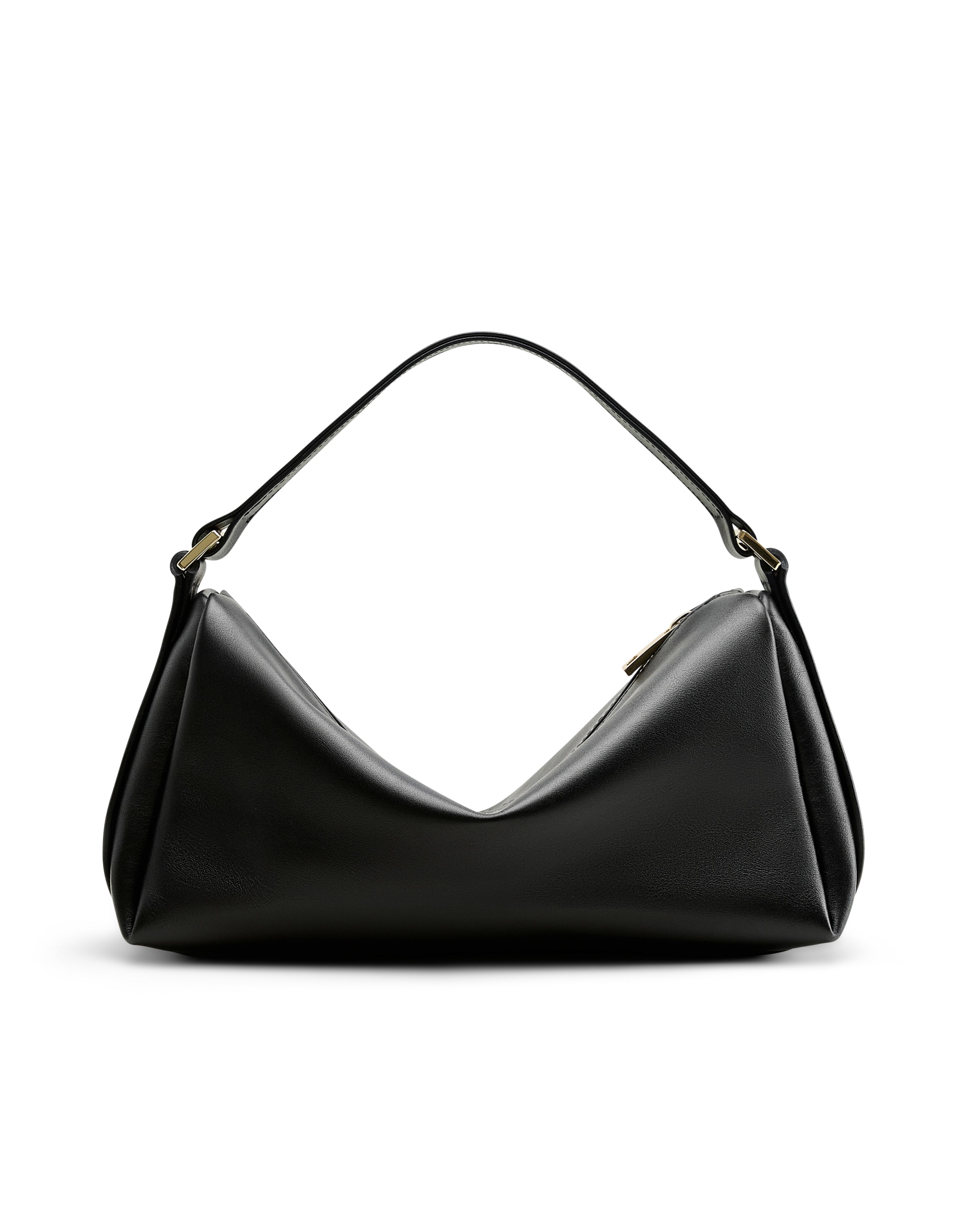 Minimalist leather bag for women in black with a single handle by Poelle Atelier