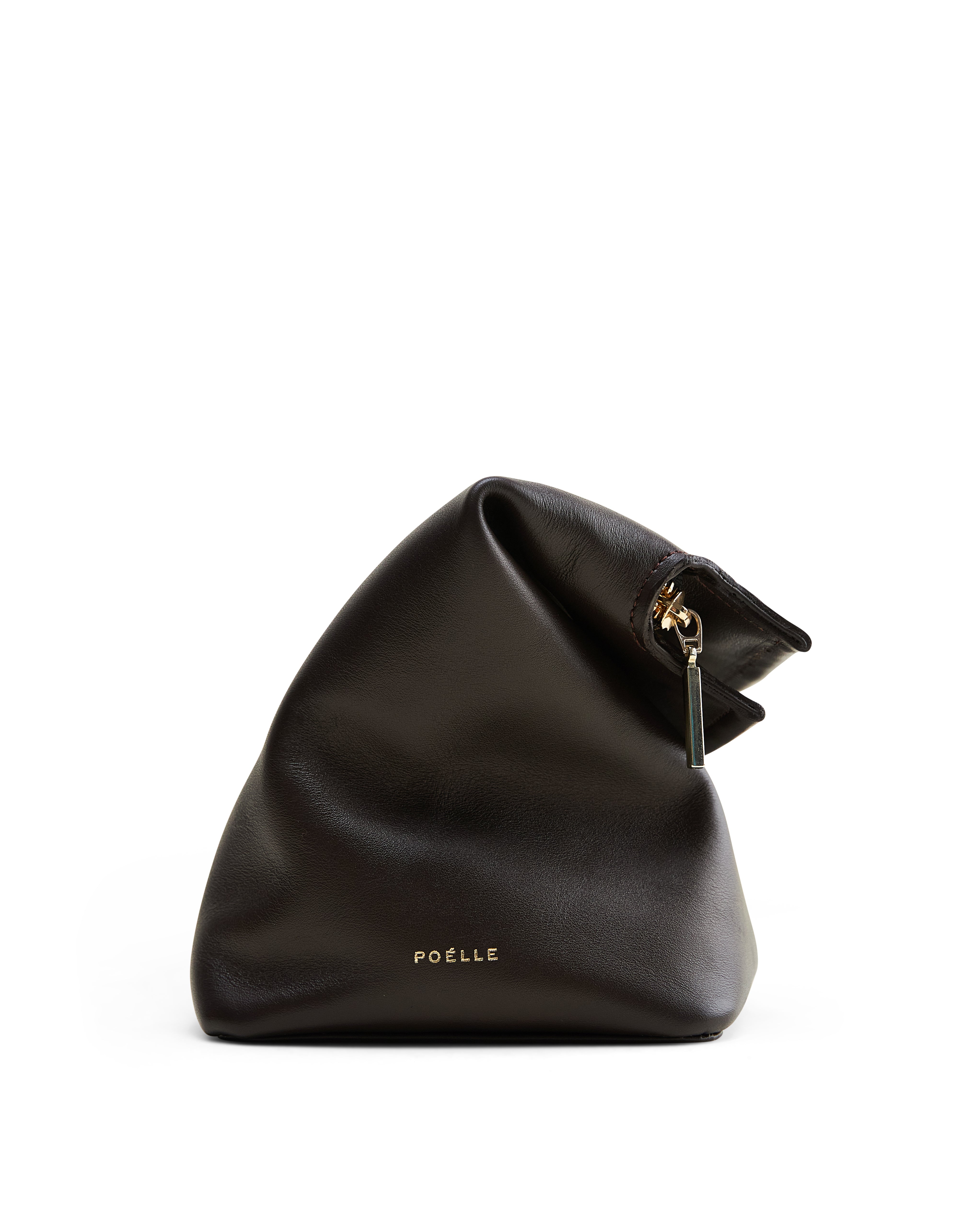 Poelle Atelier luxury leather clutch bag in black with gold zipper and soft textured finish