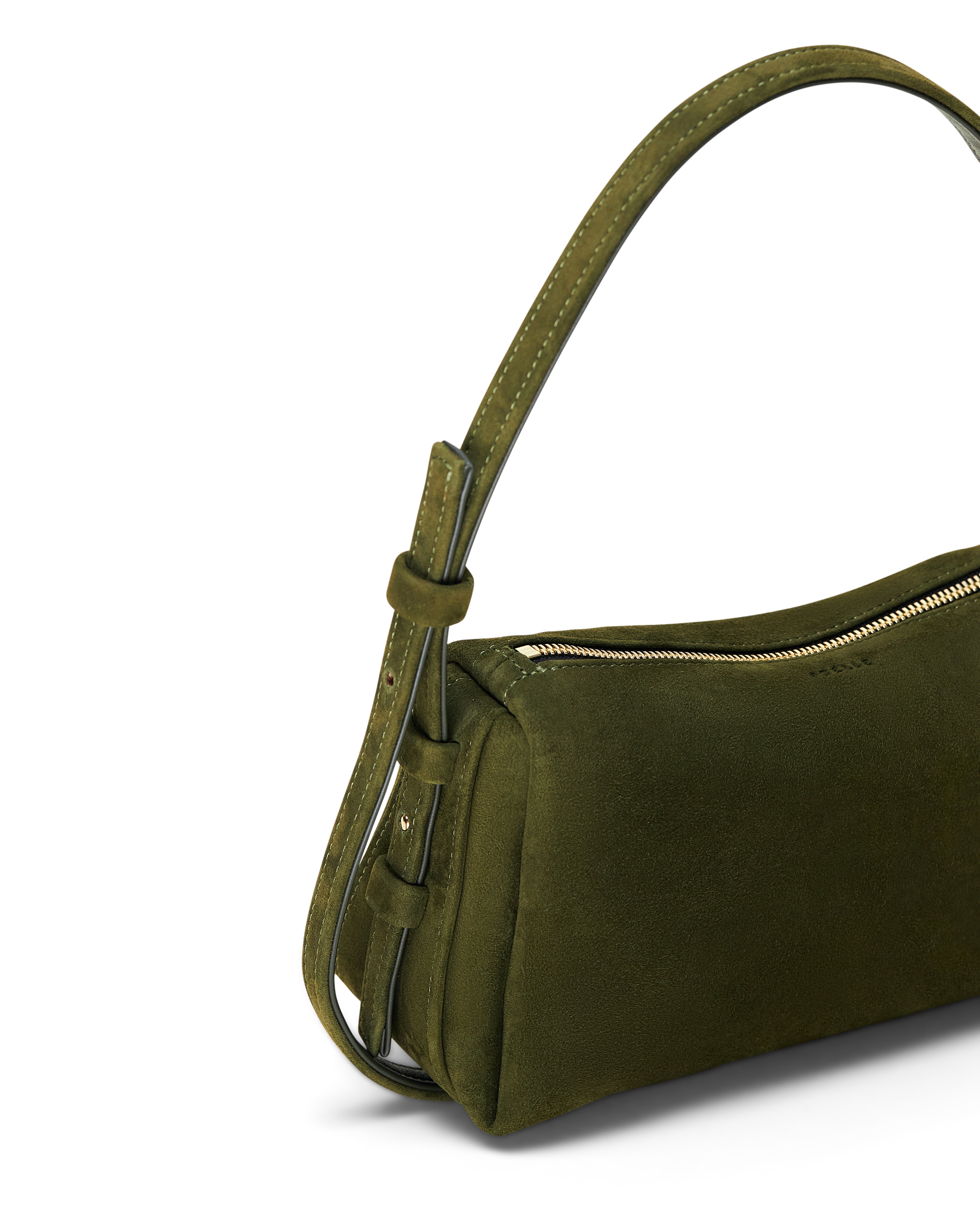 Olive green elegant small leather bag with adjustable strap and zipper closure by Poelle Atelier