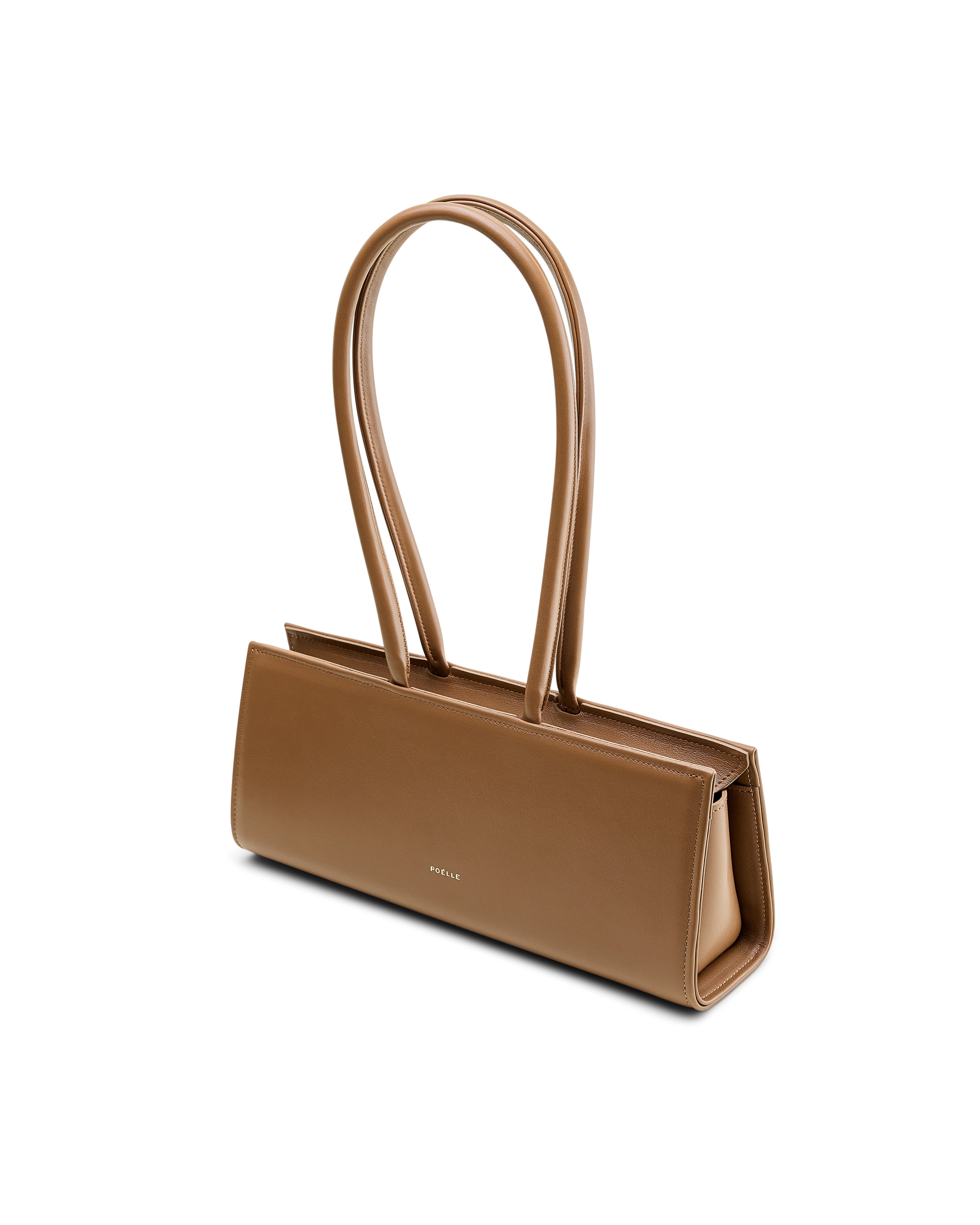Poelle Atelier east-west horizontal suede bag in brown with long handles and sleek design