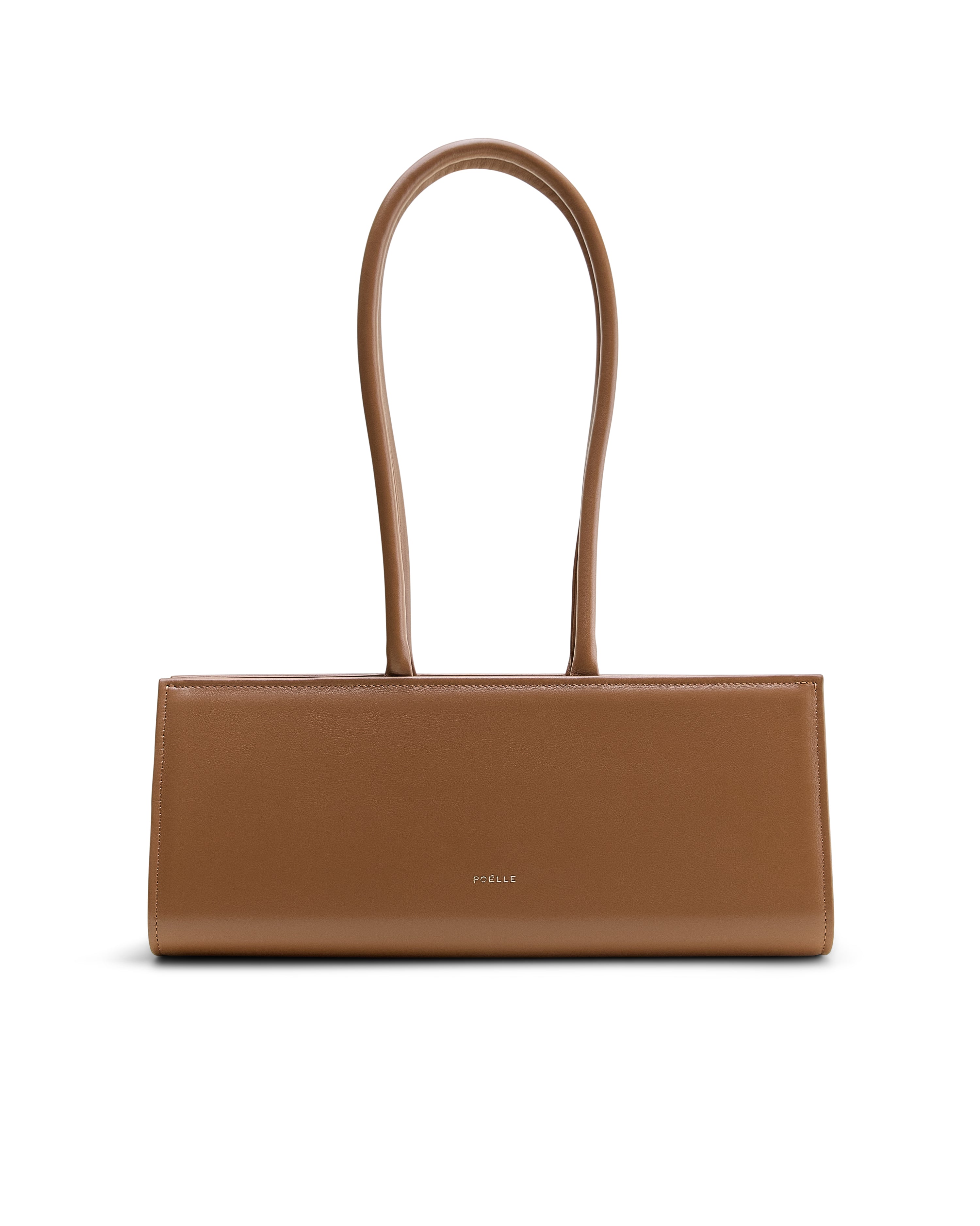 Poelle Atelier brown east-west horizontal suede bag with long handles and minimalist design