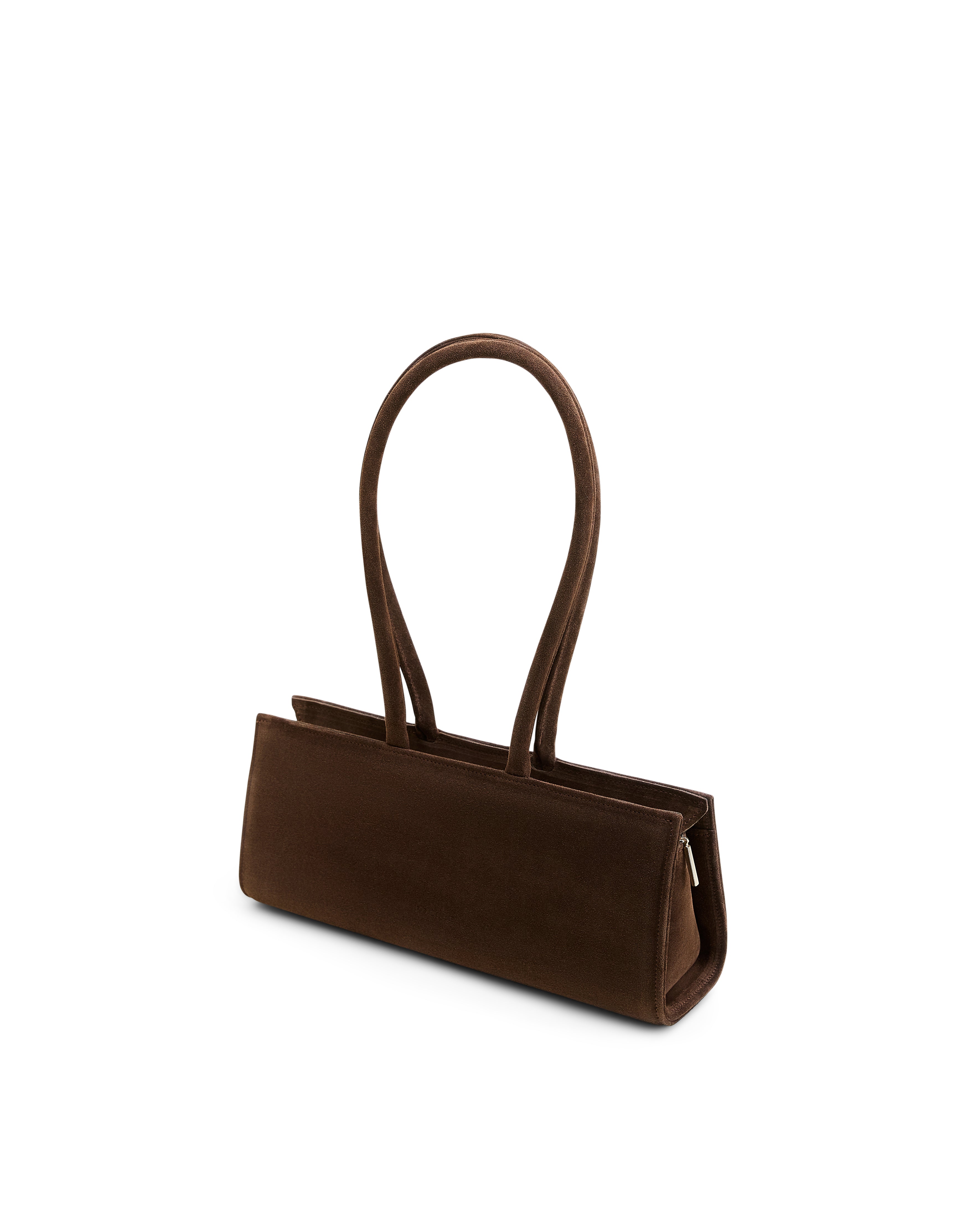 Poelle Atelier east-west vertical leather suede bag in brown with long handles and rectangular shape