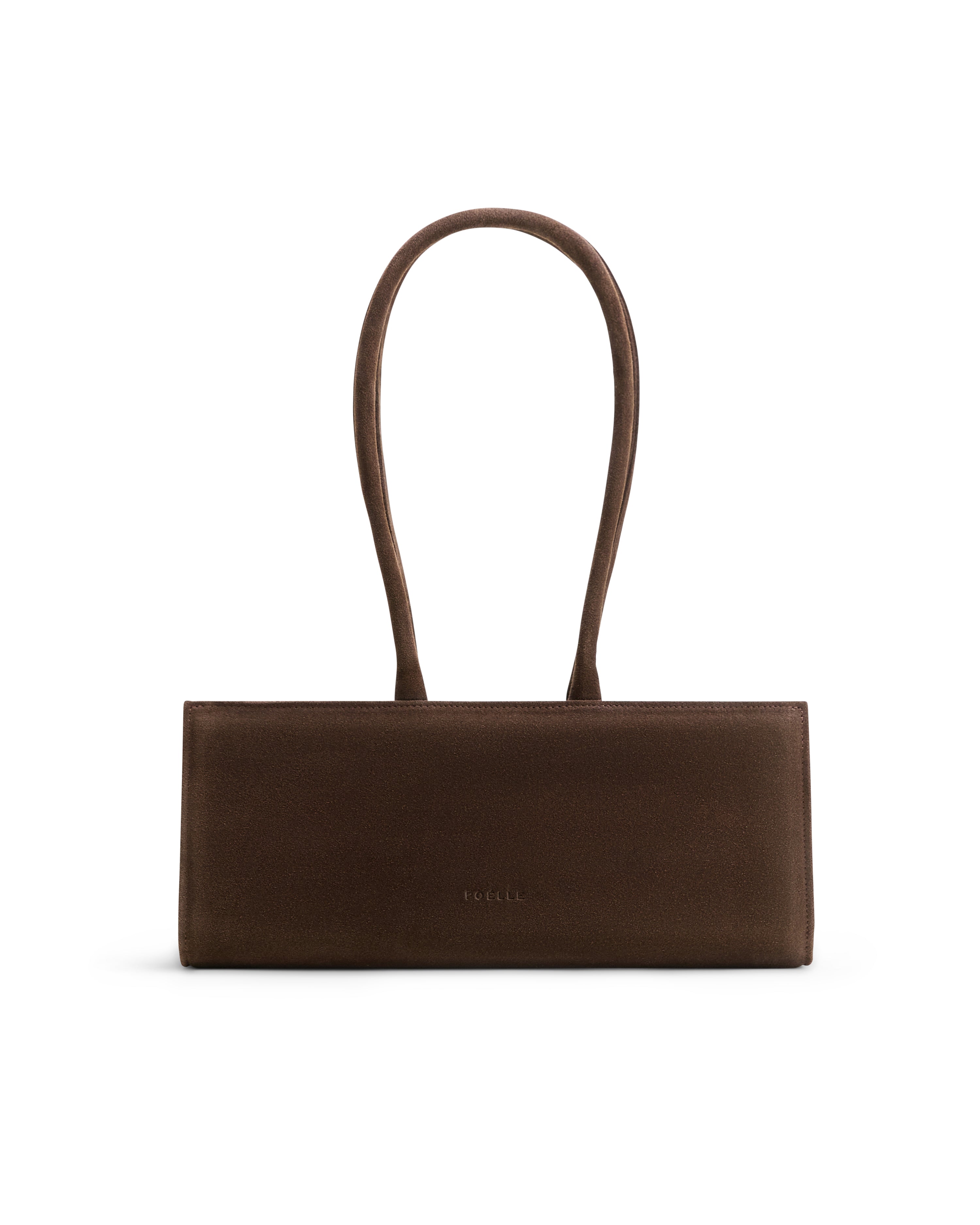 Brown east-west vertical leather suede bag with long handles by Poelle Atelier