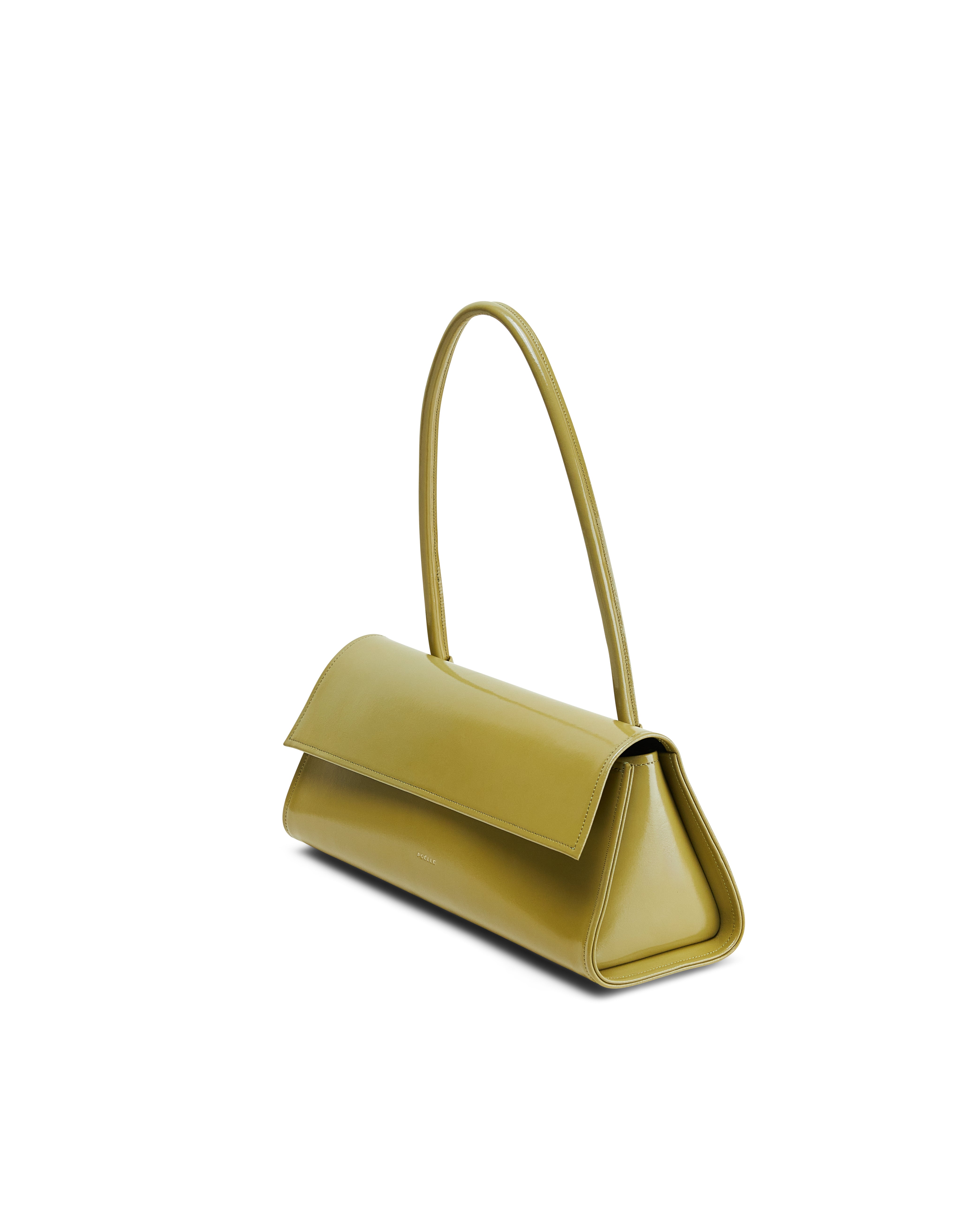 Poelle Atelier high-end fashion leather bag in olive green with sleek rectangular design and long handle