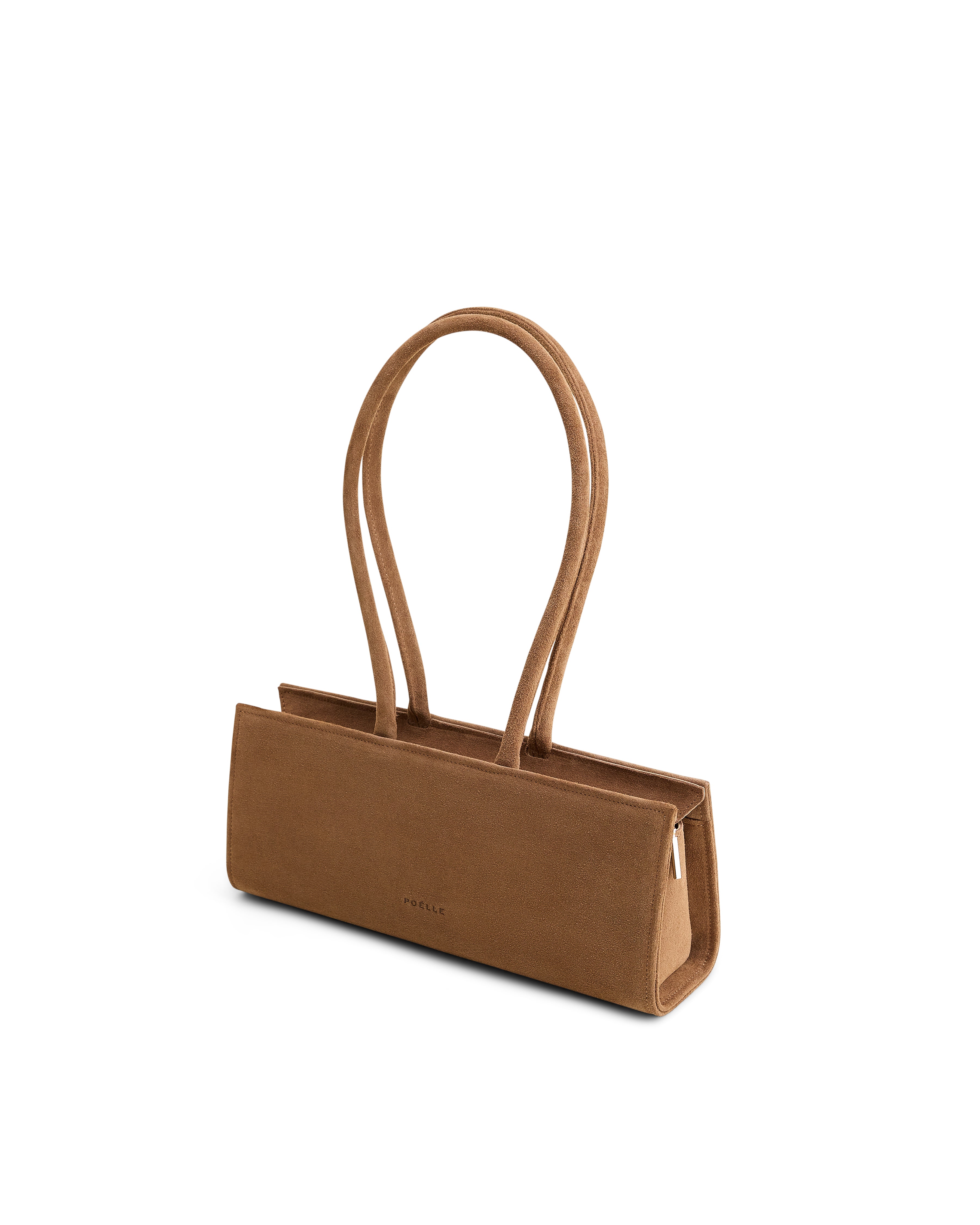 Poelle Atelier east-west horizontal suede bag in brown with double shoulder straps
