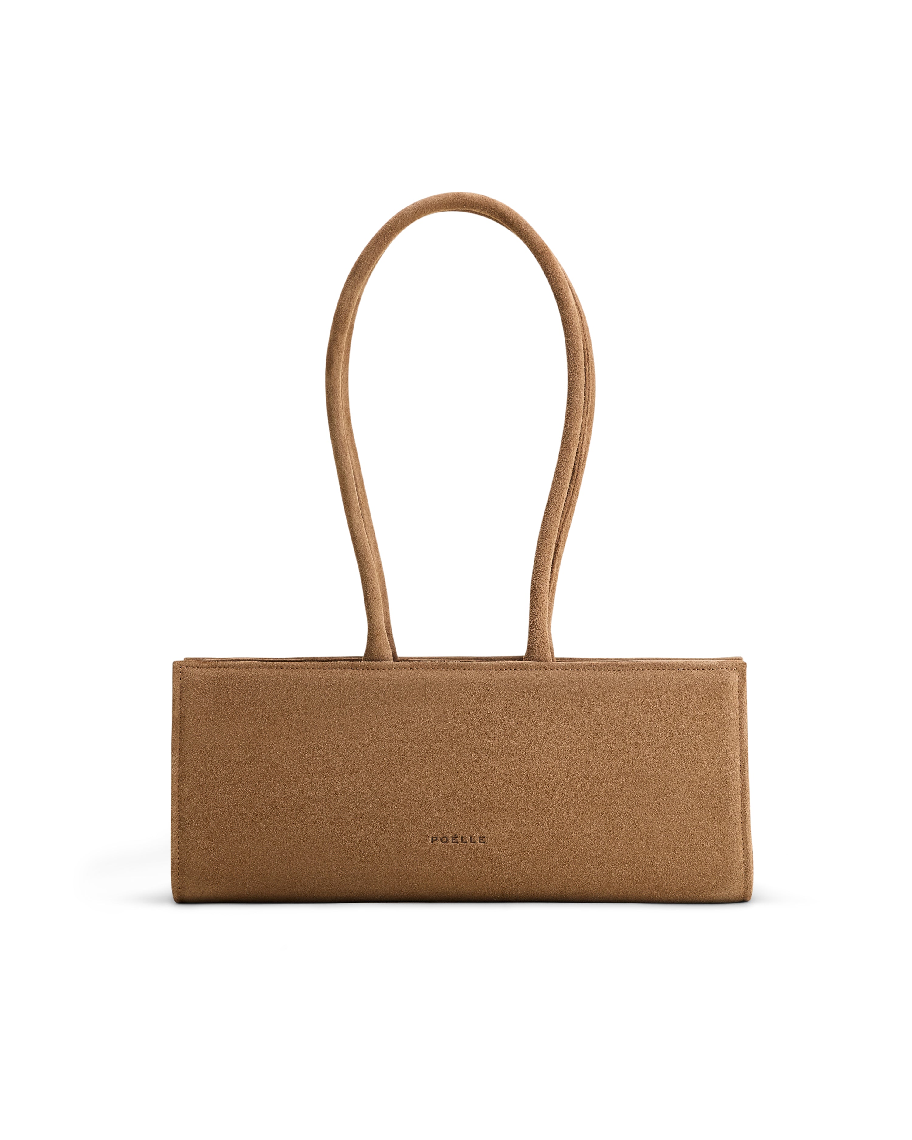 Poelle Atelier brown east-west horizontal suede bag with long handles and minimalist design