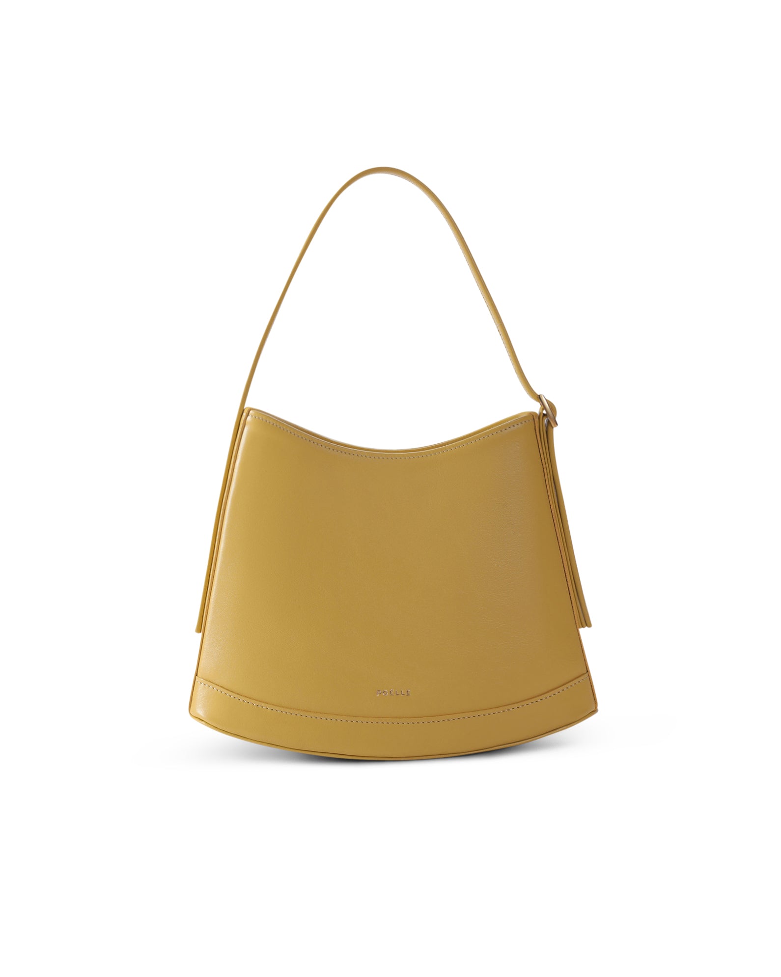 Poelle Atelier luxury minimalist leather bag in mustard yellow with curved silhouette and single strap