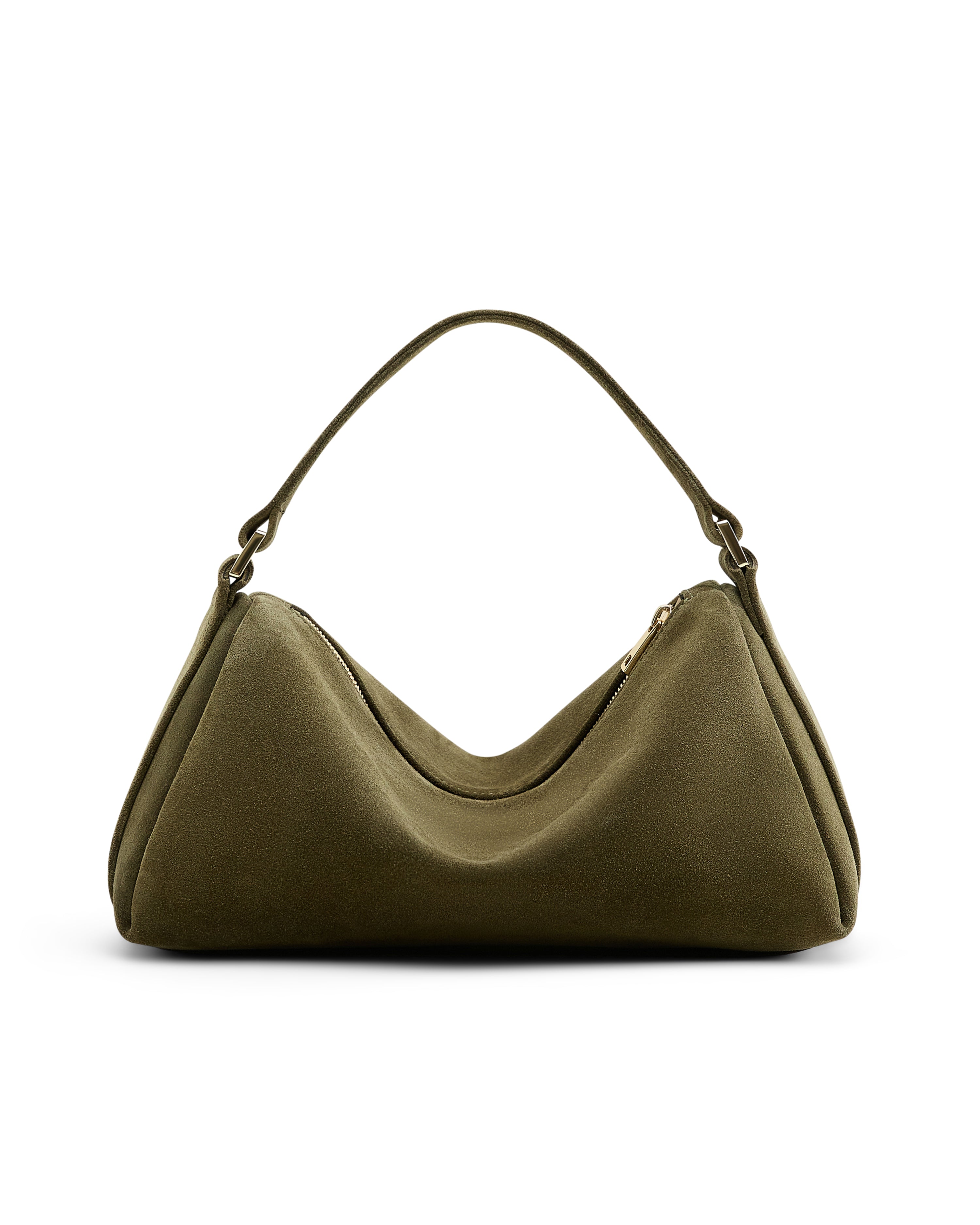 Poelle Atelier luxury olive suede handbag with single shoulder strap and minimalistic design