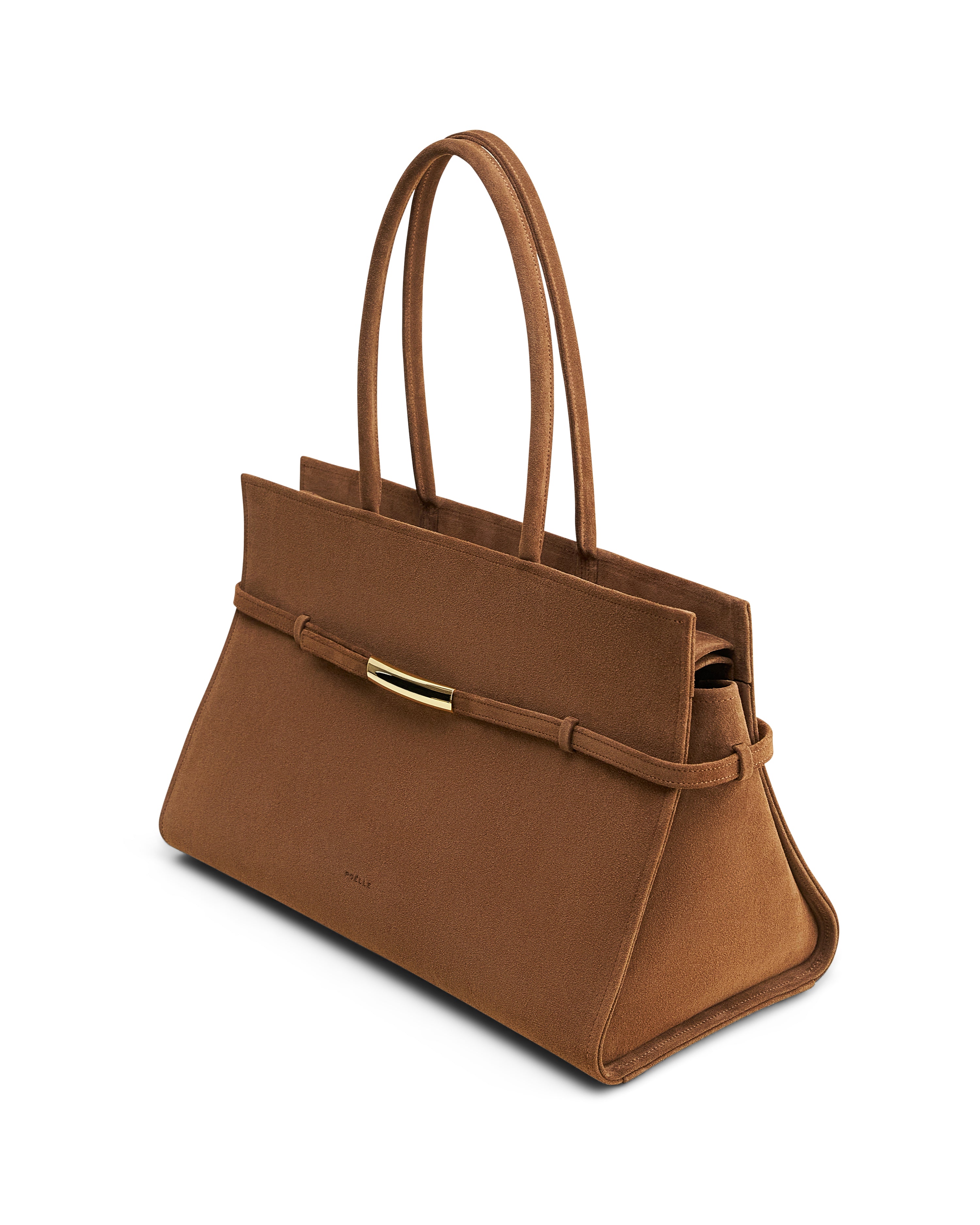 Poelle Atelier luxury suede caramel bag with double handles and gold-tone detail