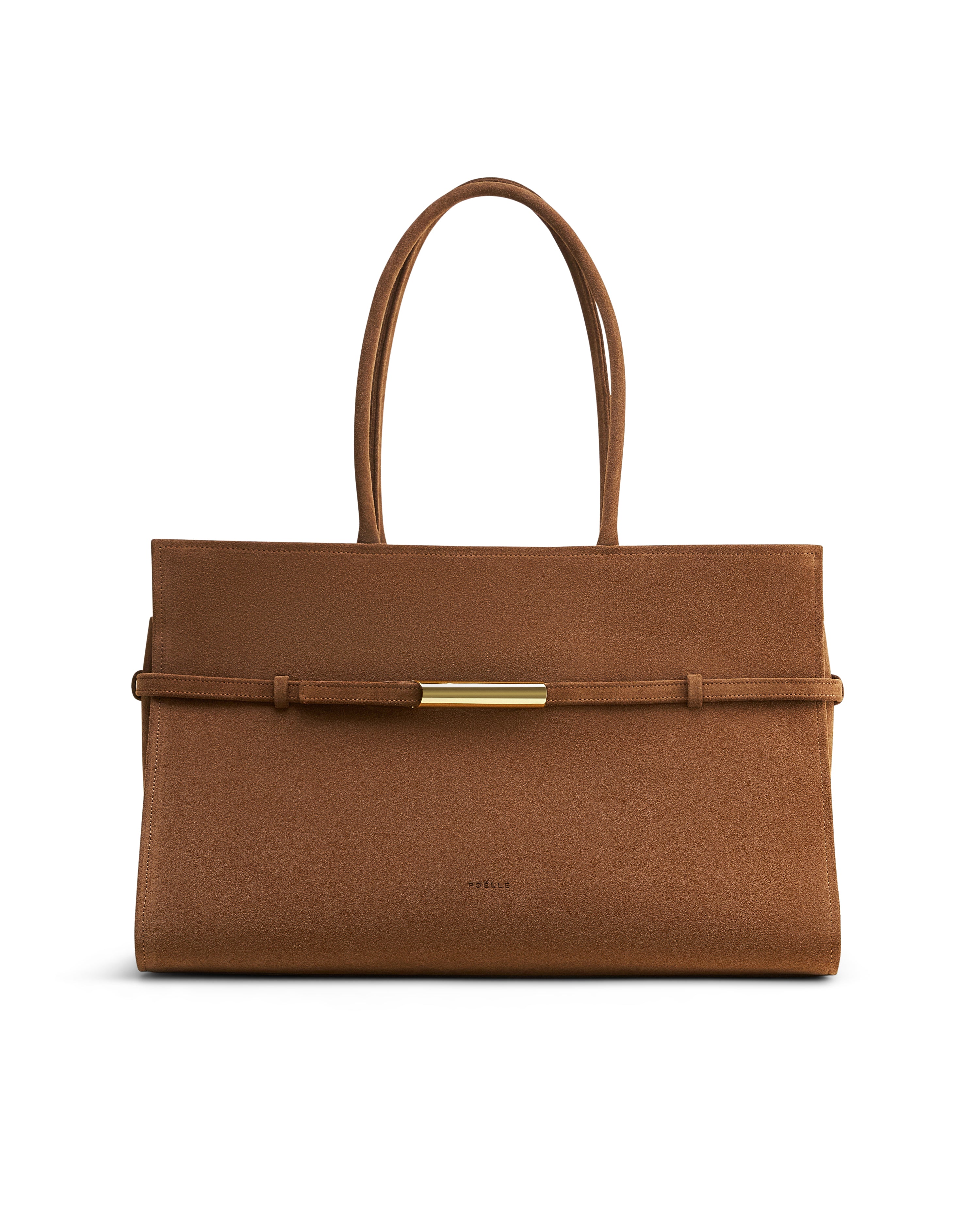 Poelle Atelier luxury suede caramel bag with gold accent and double handles on white background