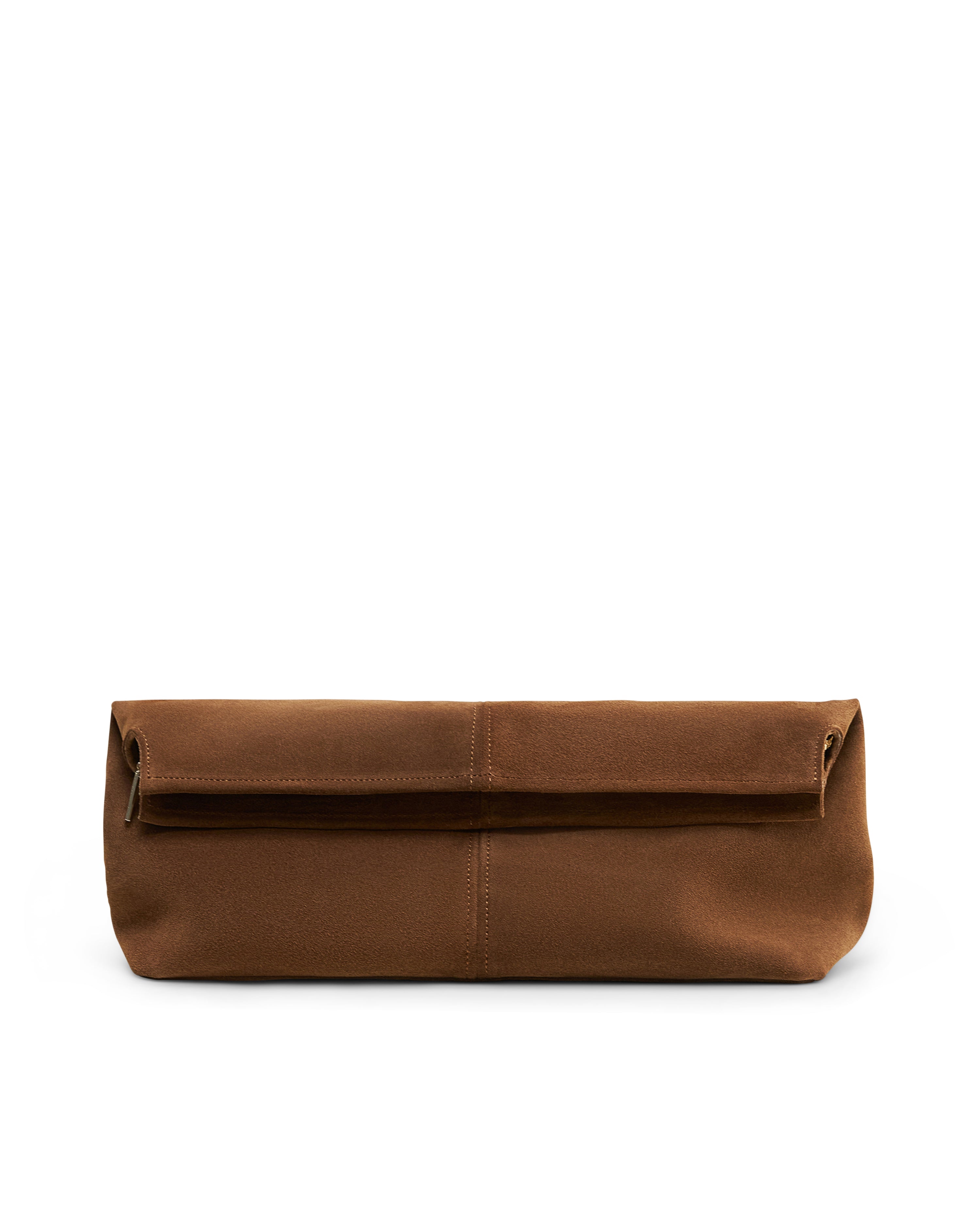 Brown luxury suede clutch bag by Poelle Atelier with a simple fold-over design