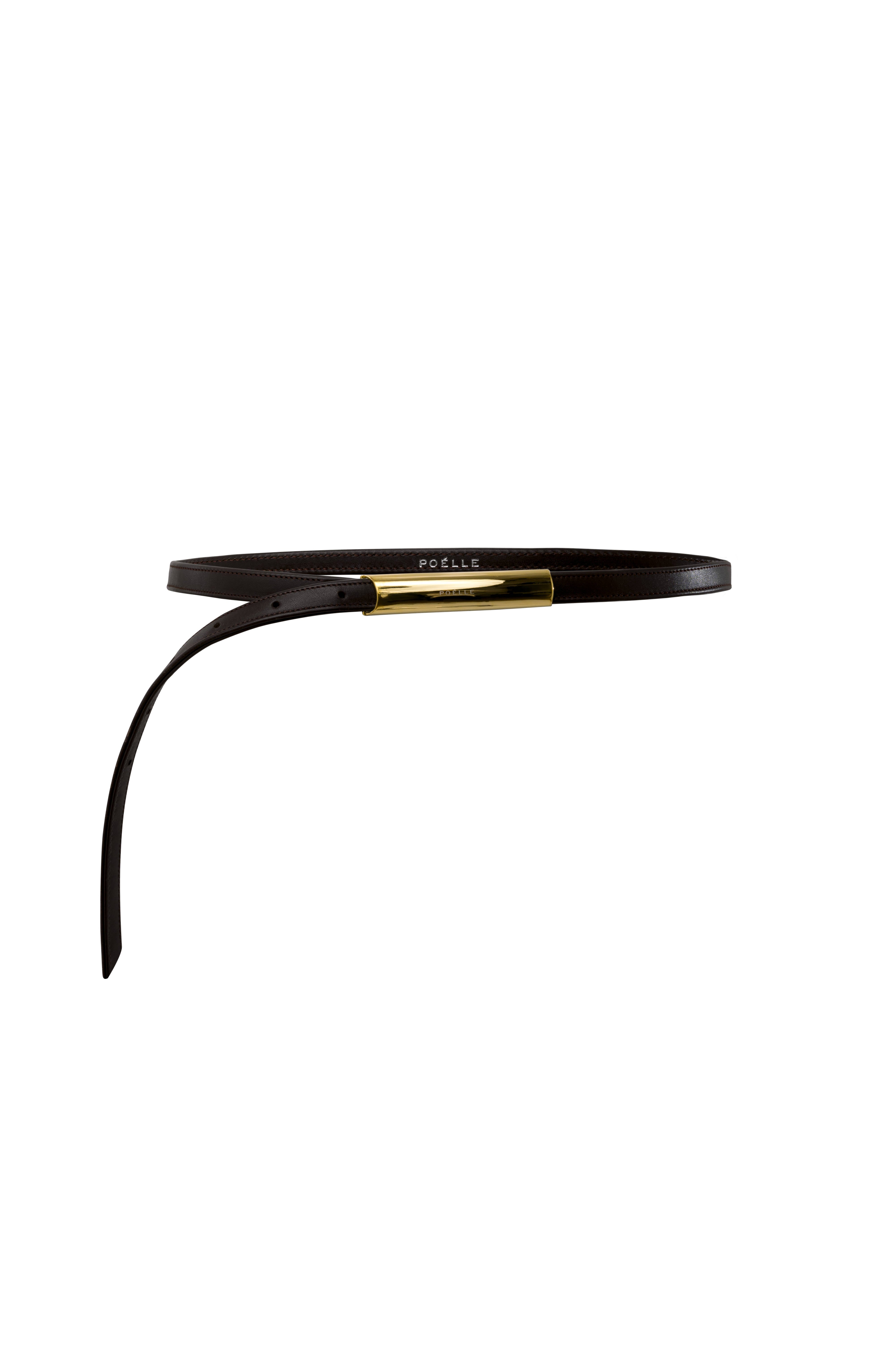 Poelle Atelier minimalist belt for women in black leather with gold buckle detail