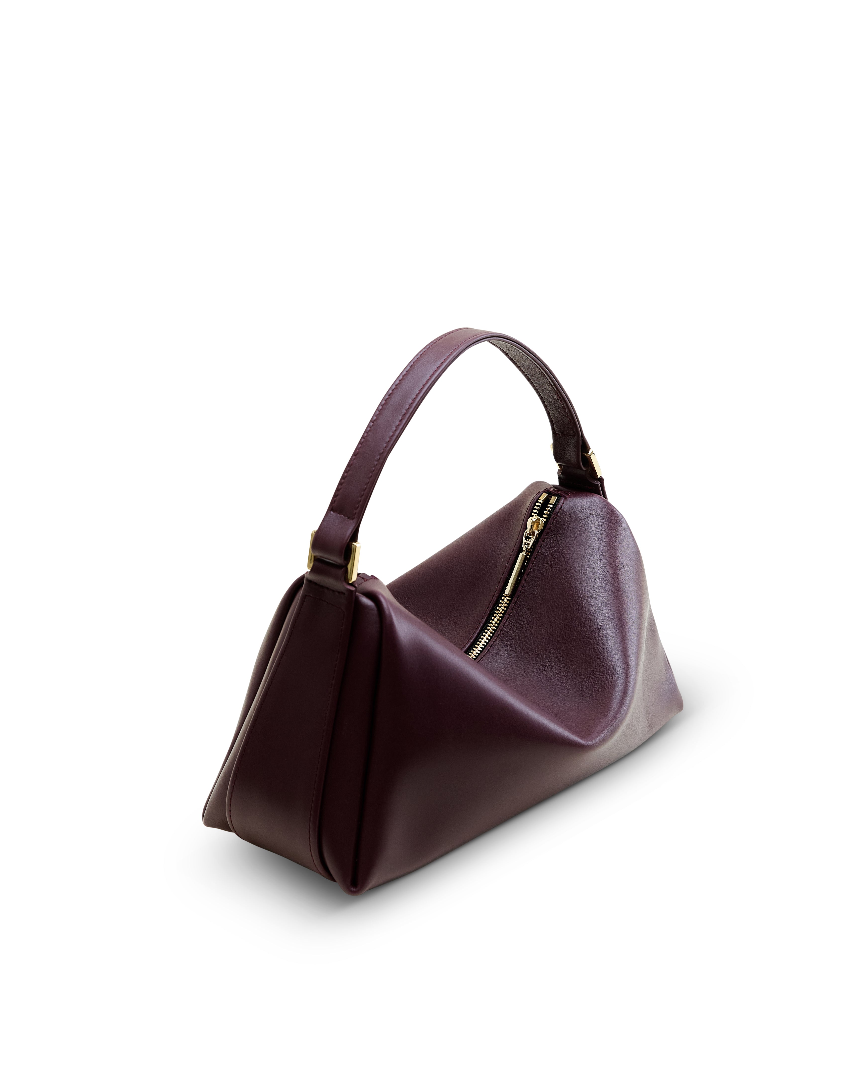 Poelle Atelier modern structured leather bag in dark brown with gold zipper and single handle