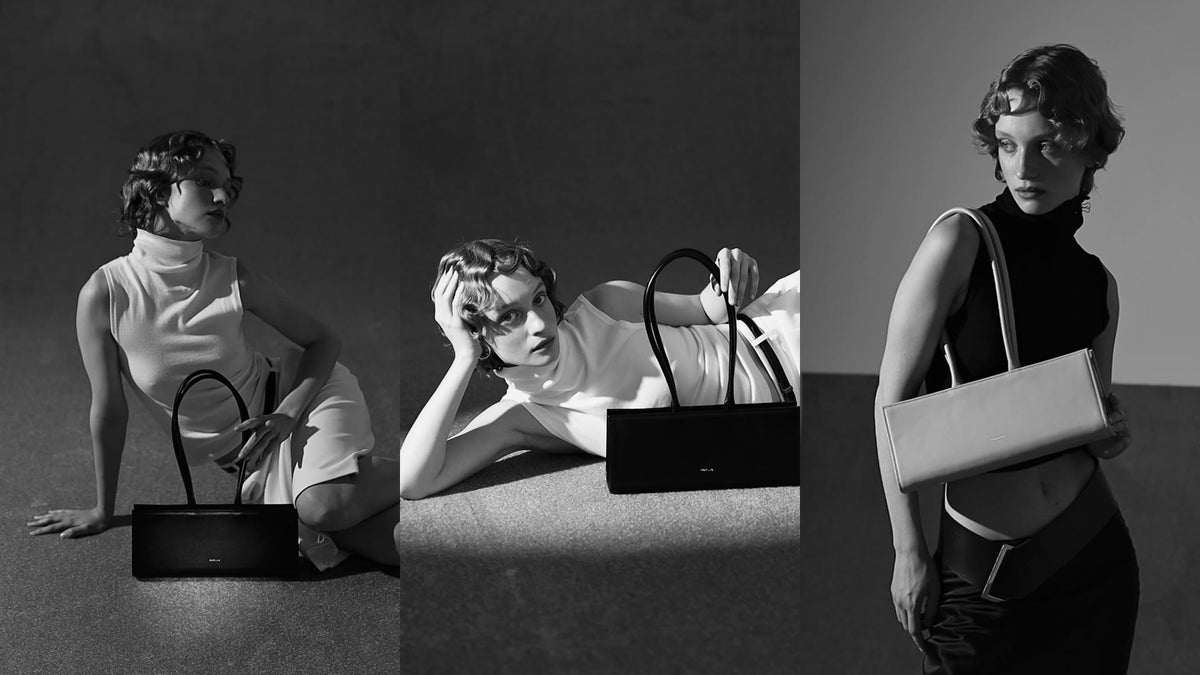 Black-and-white film of the L’Art de Vivre campaign: a woman with Poelle bags