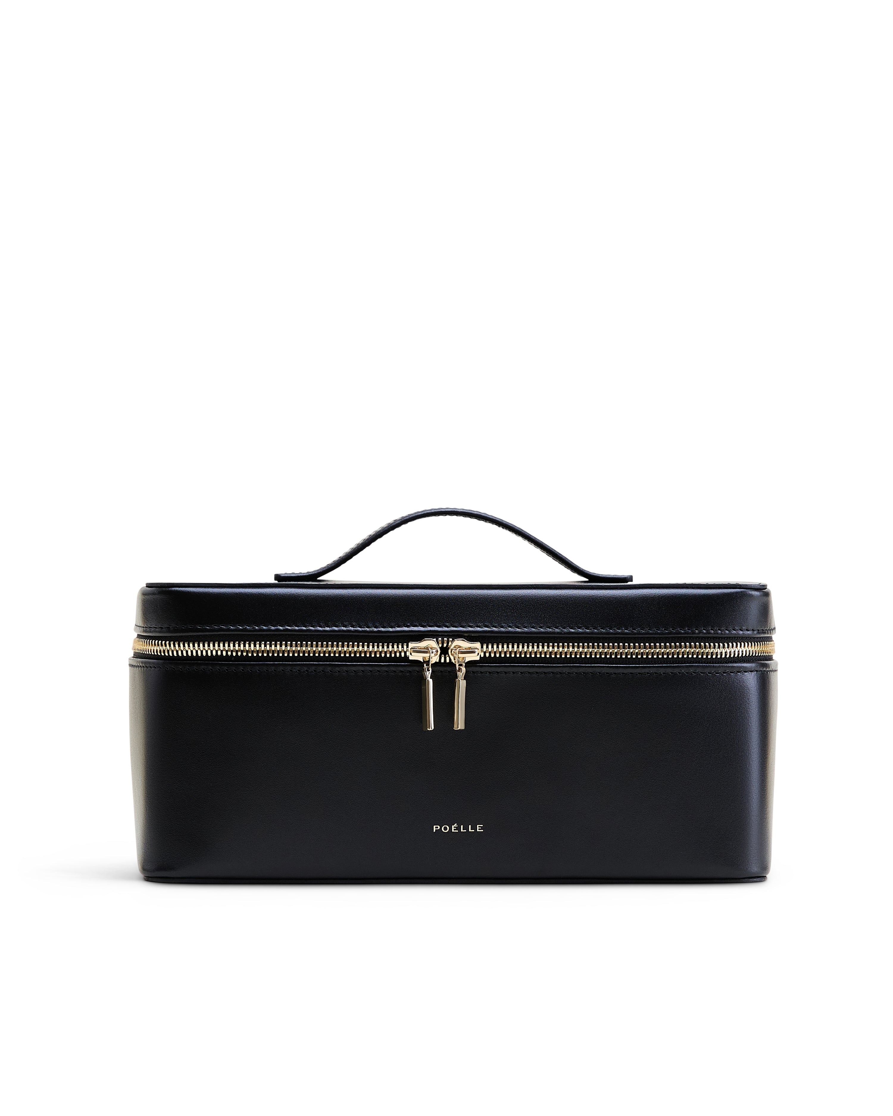 Poelle Atelier leather makeup case in black with gold zipper and top handle