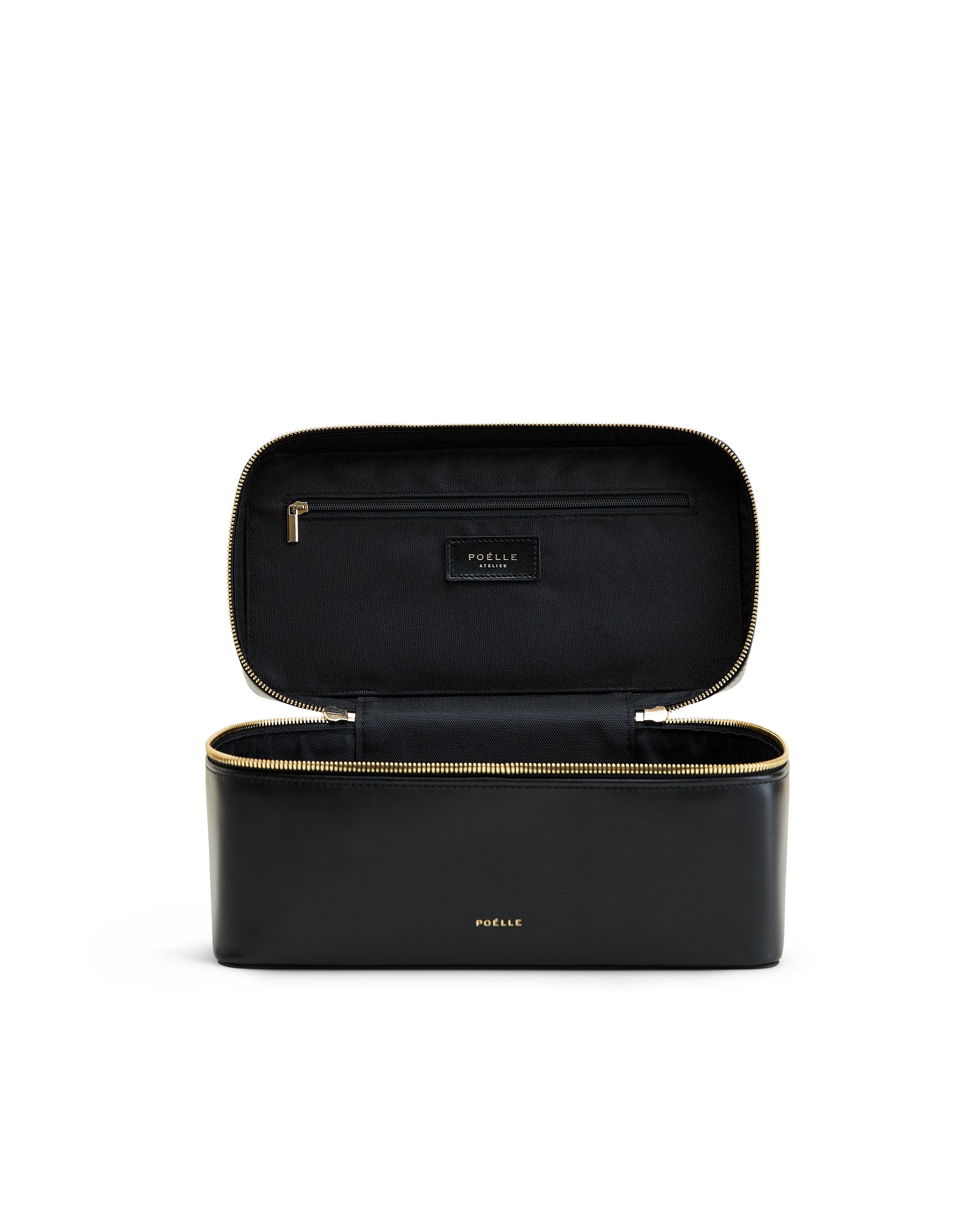 Poelle Atelier large leather makeup case in black with gold zipper and interior pocket