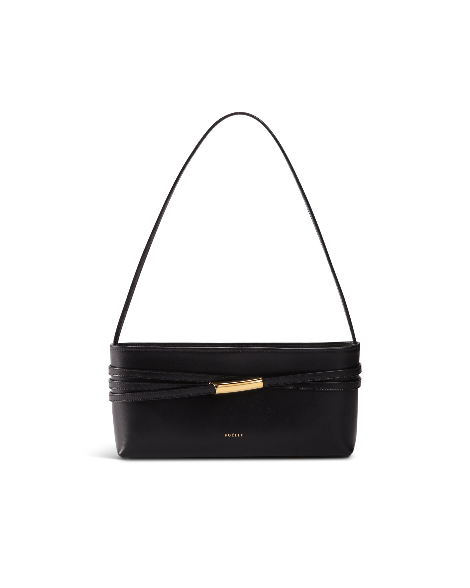 Poelle Atelier black leather luxury bag for women with gold accent and single shoulder strap