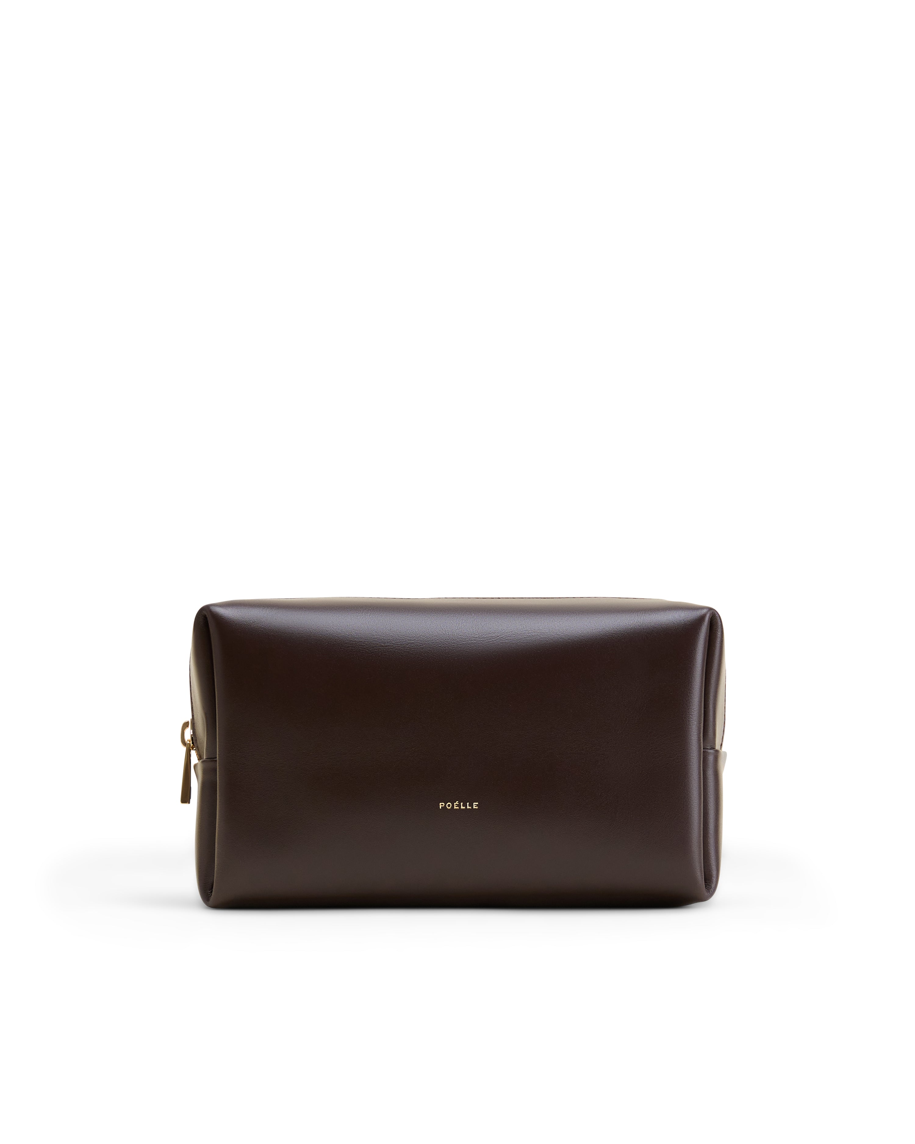 Poelle Atelier dark brown luxury cosmetic make-up bag with gold zipper and minimalist design