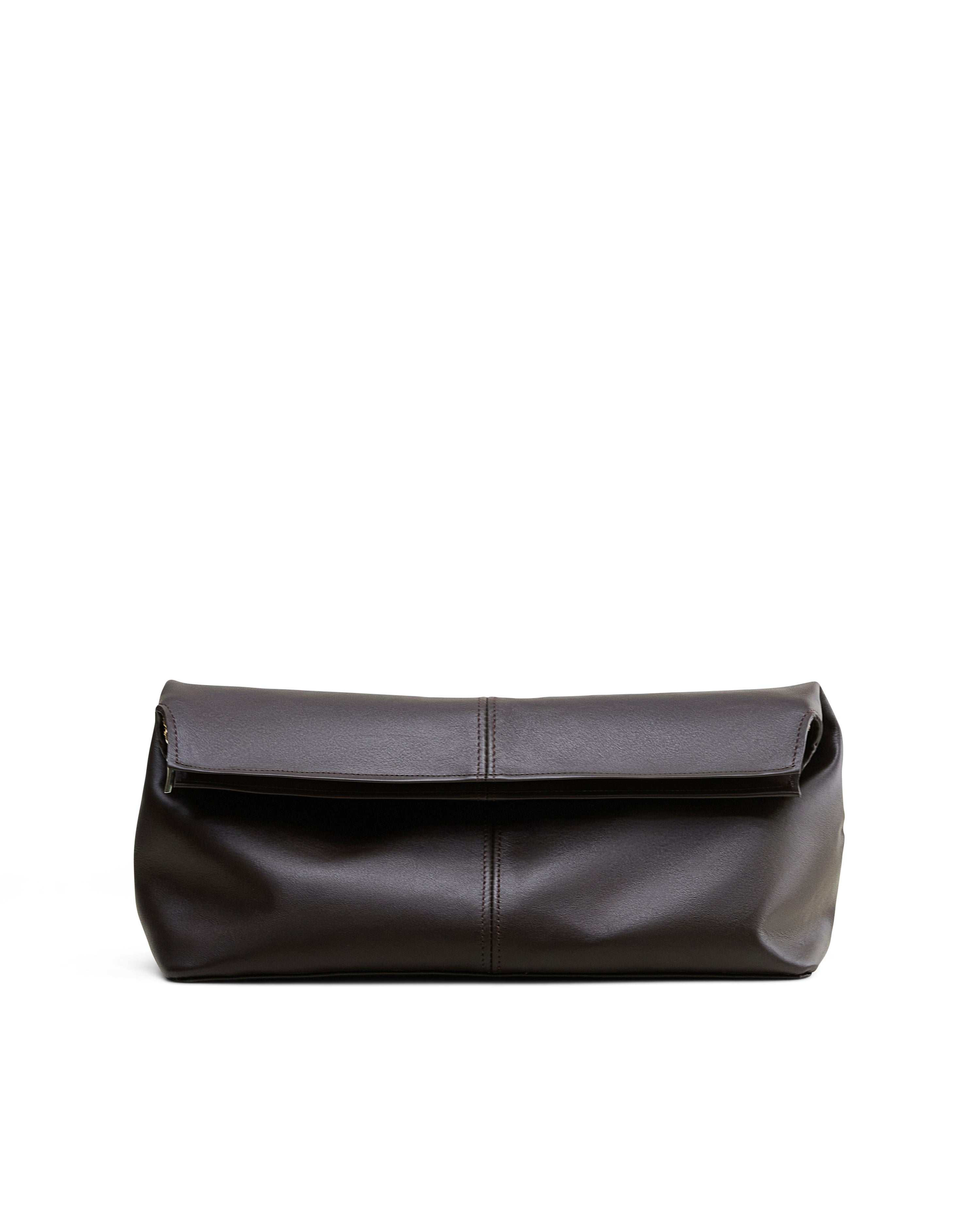 Poelle Atelier luxury leather clutch bag in dark brown with smooth finish and fold-over design