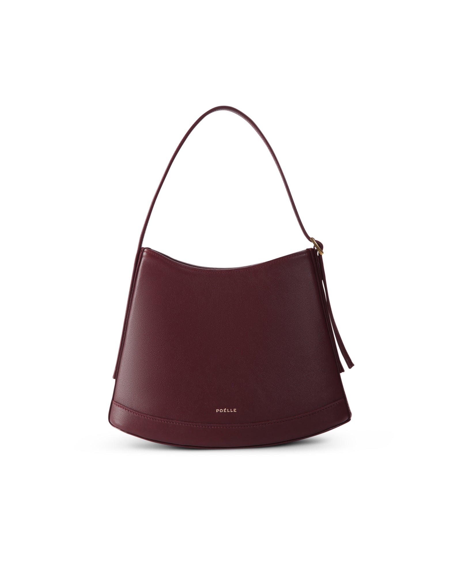 Poelle Atelier luxury minimalist leather bag in deep burgundy with curved silhouette and single shoulder strap