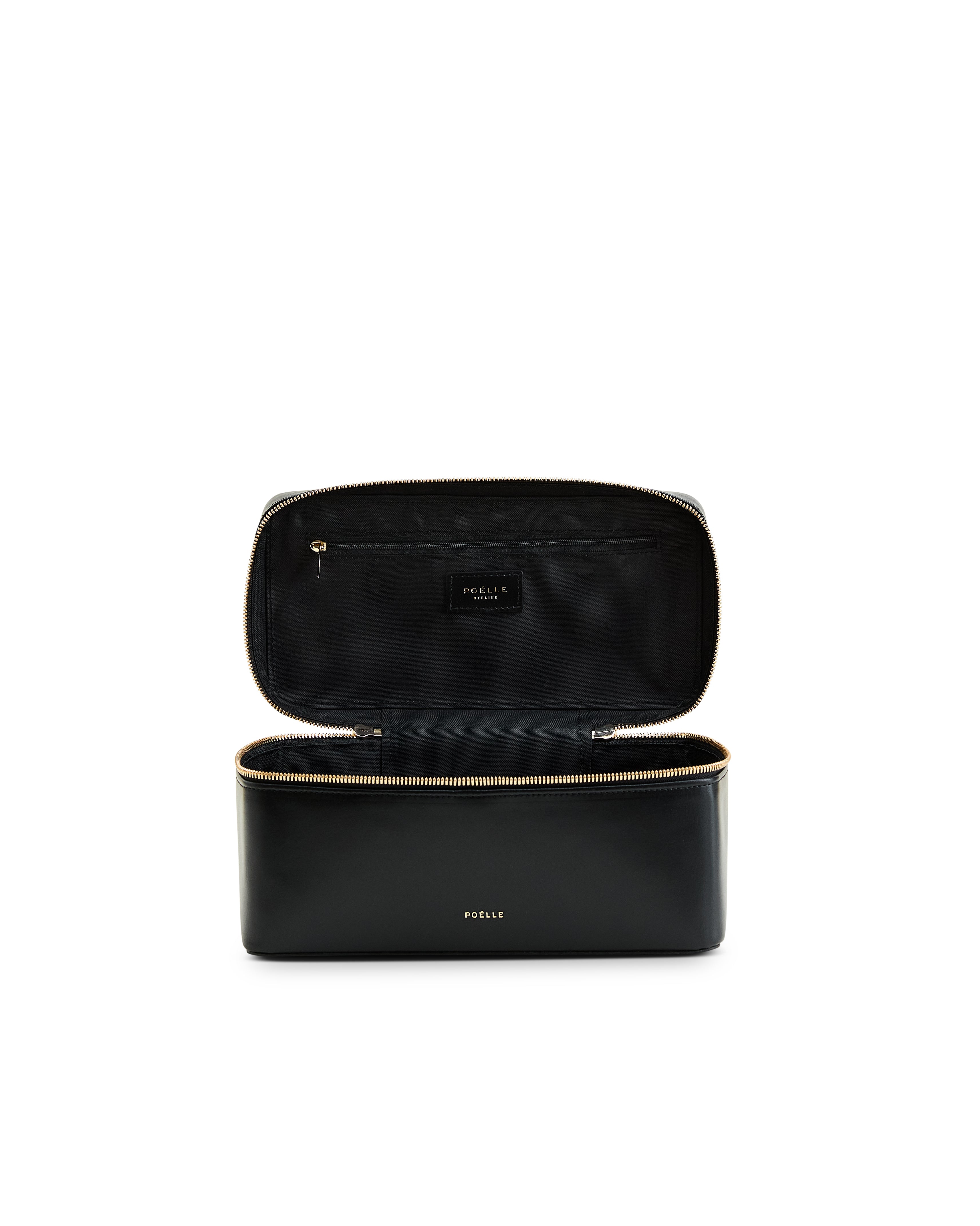 Poelle Atelier medium leather makeup case in black with gold zipper and interior pocket