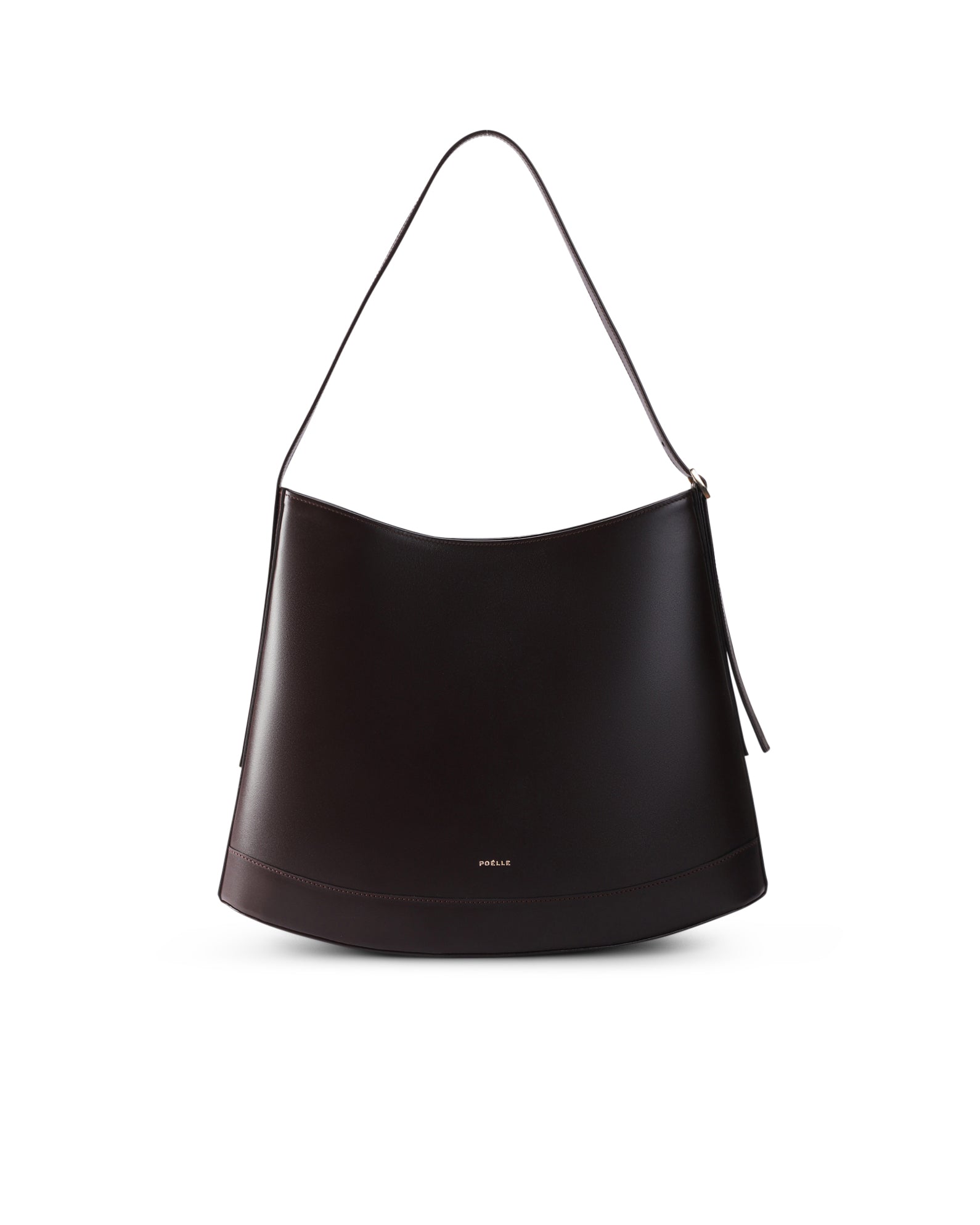 Poelle Atelier luxury minimalist sculptural bag in dark brown leather with single shoulder strap