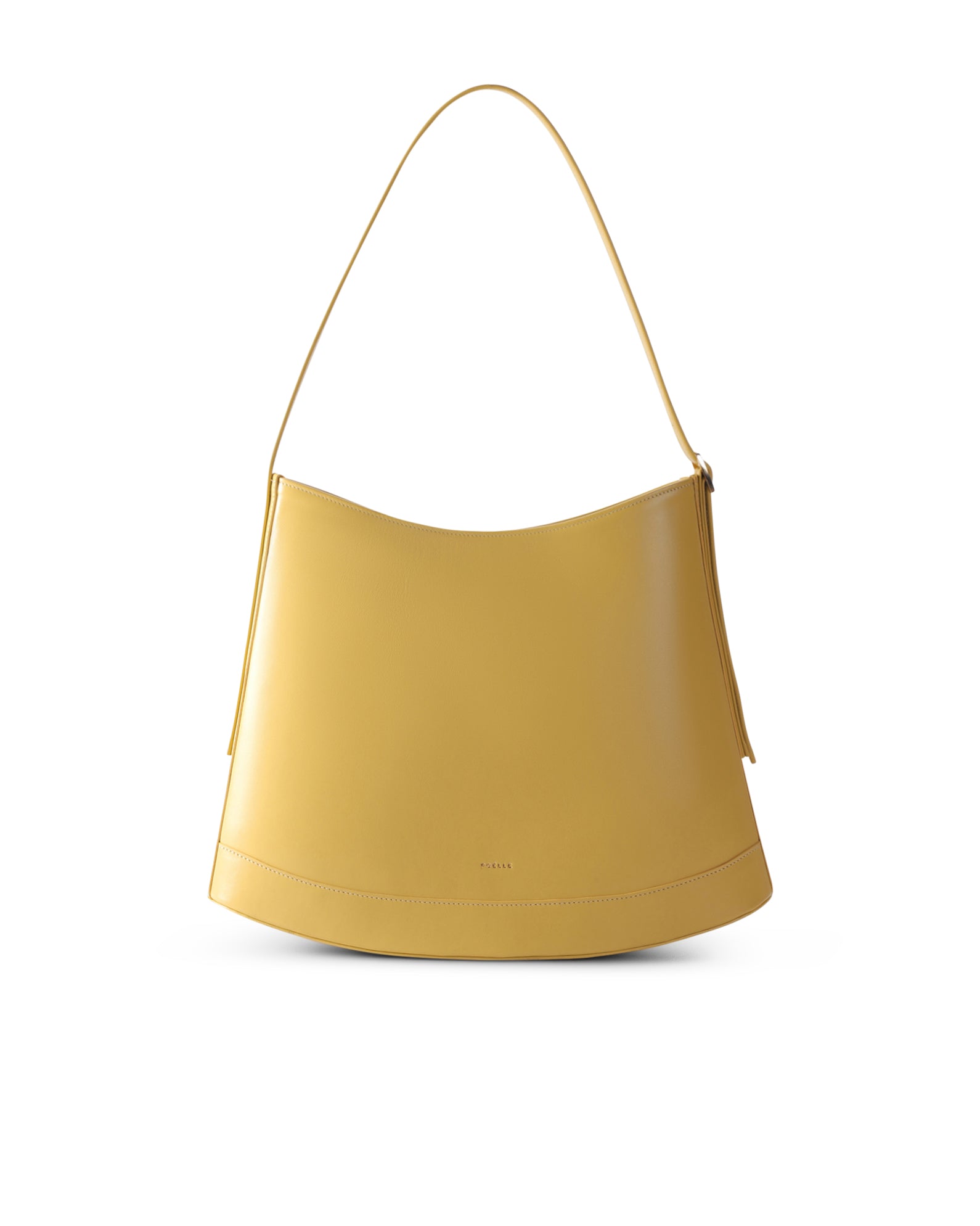 Poelle Atelier luxury minimalist sculptural bag in mustard yellow leather with single shoulder strap